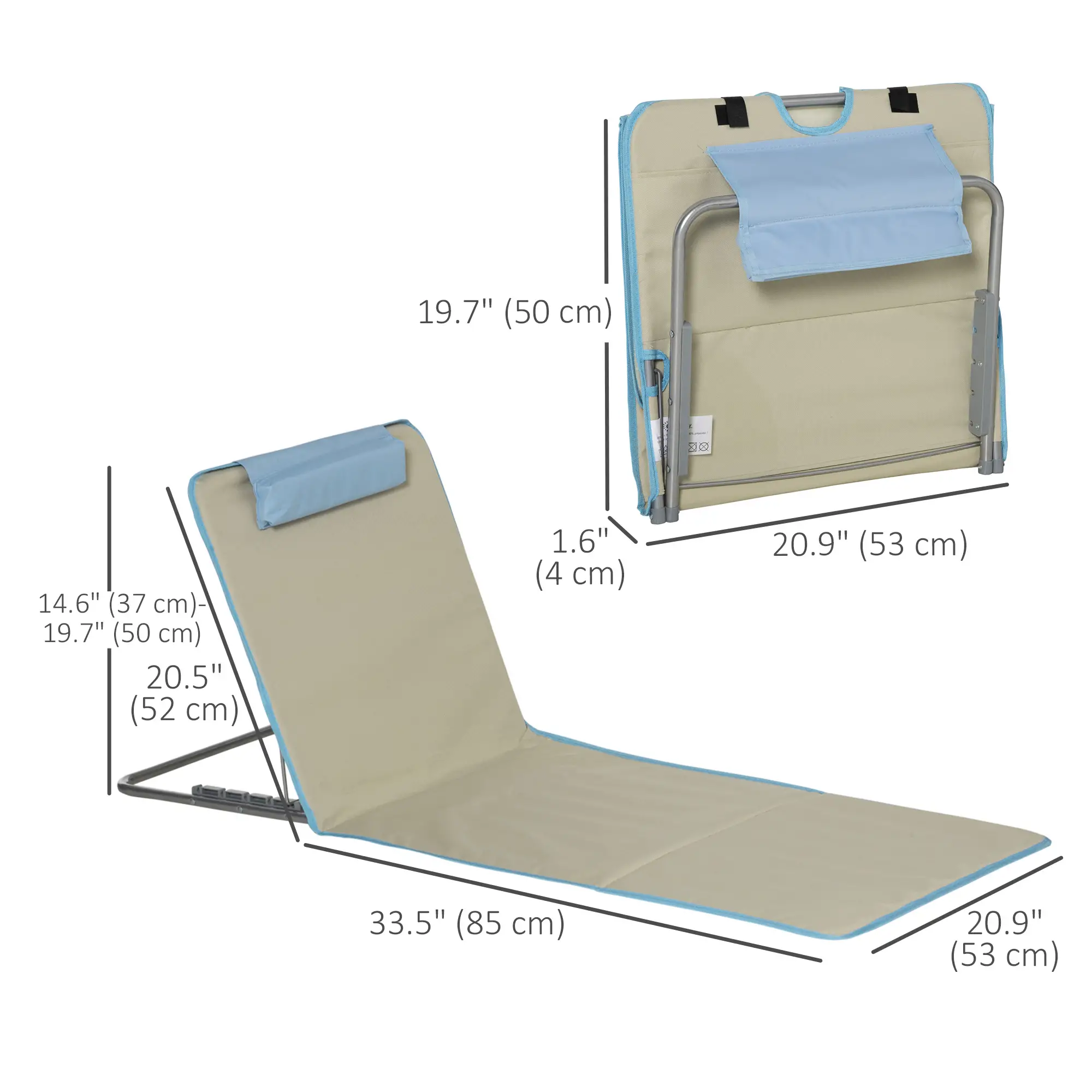Set of 2 Beach Lounge Chairs, Folding Mat, Adjustable Back, Steel Frame, Beige - Image 3