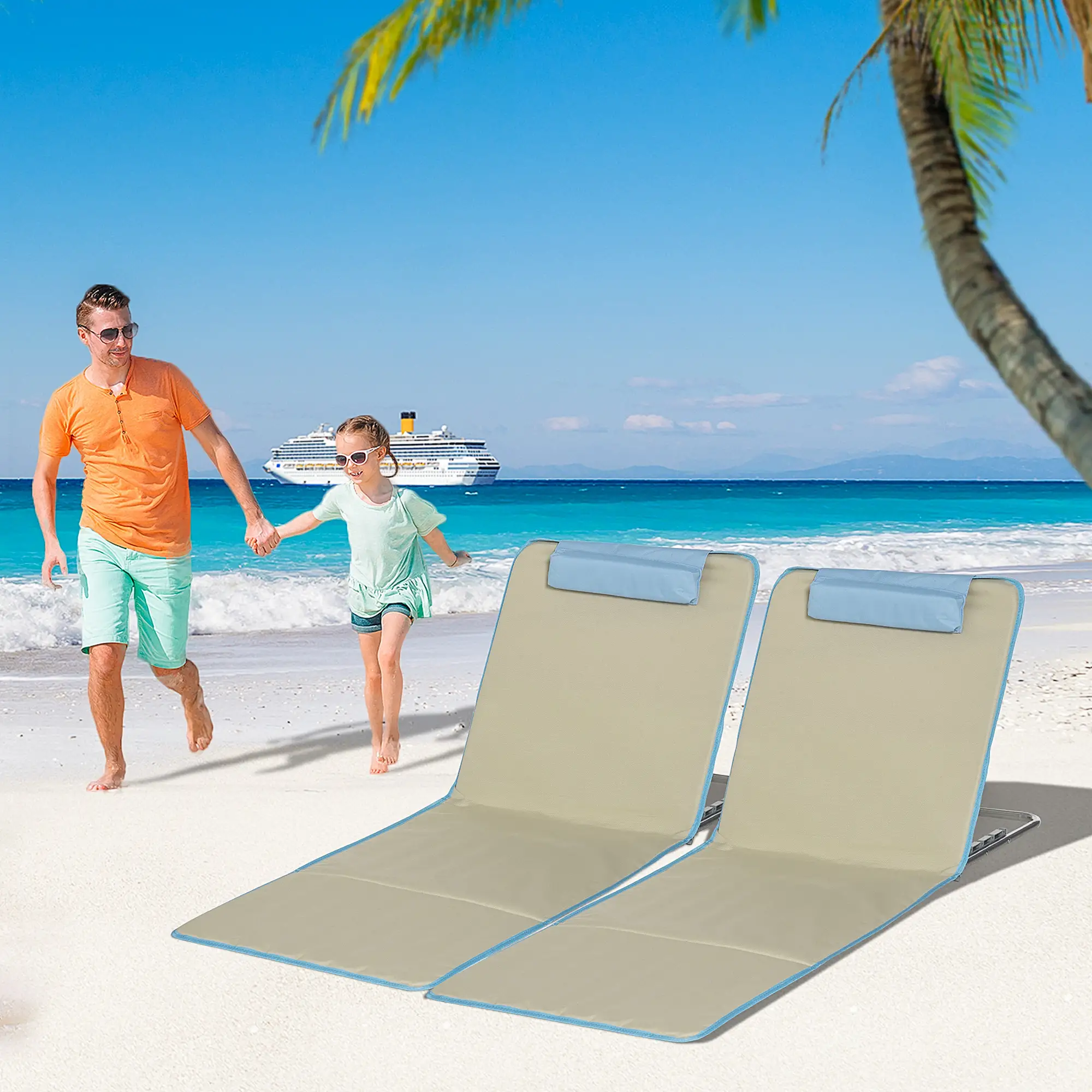 Set of 2 Beach Lounge Chairs, Folding Mat, Adjustable Back, Steel Frame, Beige - Image 8