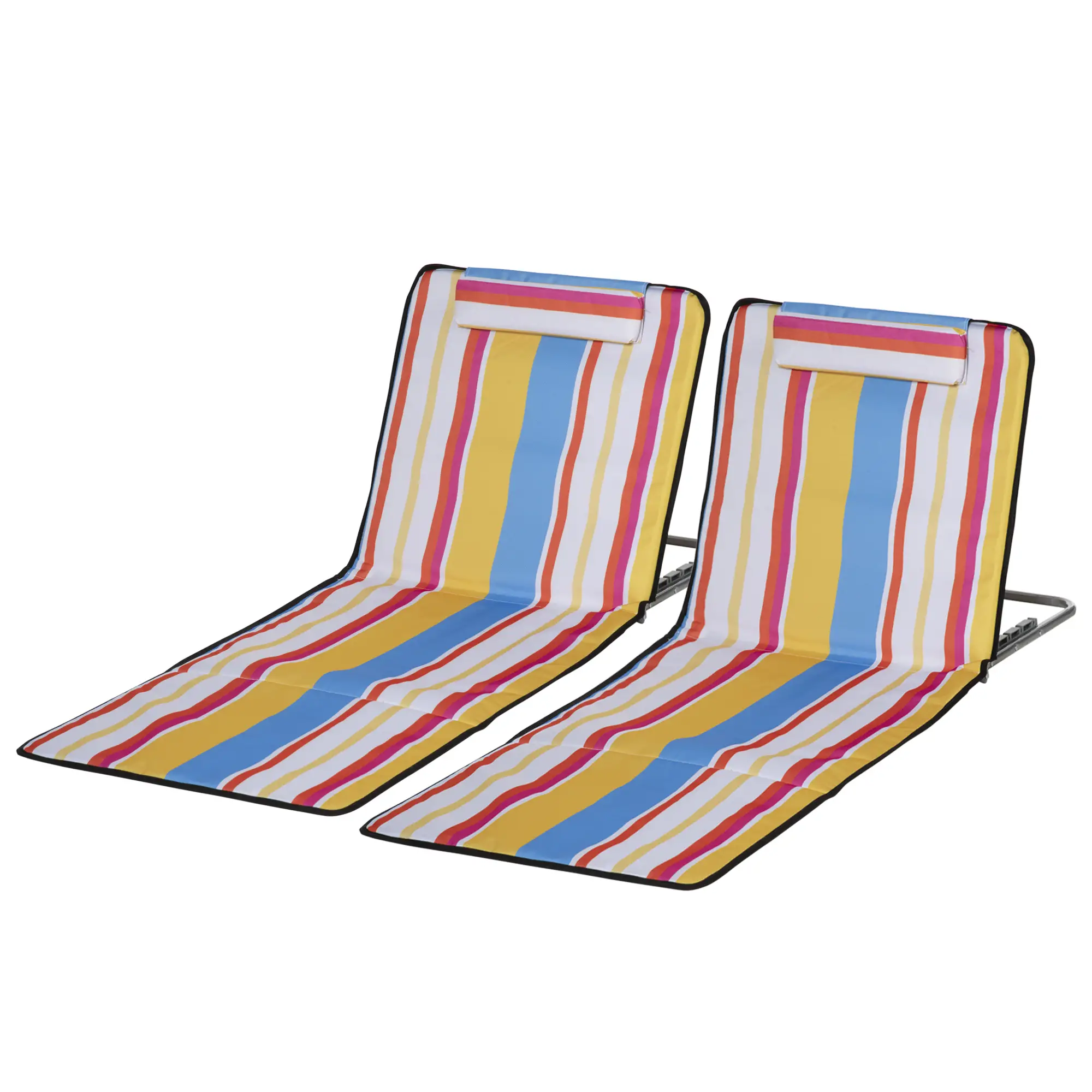 Set of 2 Beach Lounge Chairs, Padded Folding Mat, Adjustable Back, Steel Frame, Head Pillow, Carry Bag, Colorful Stripes, Colorful - Image 11