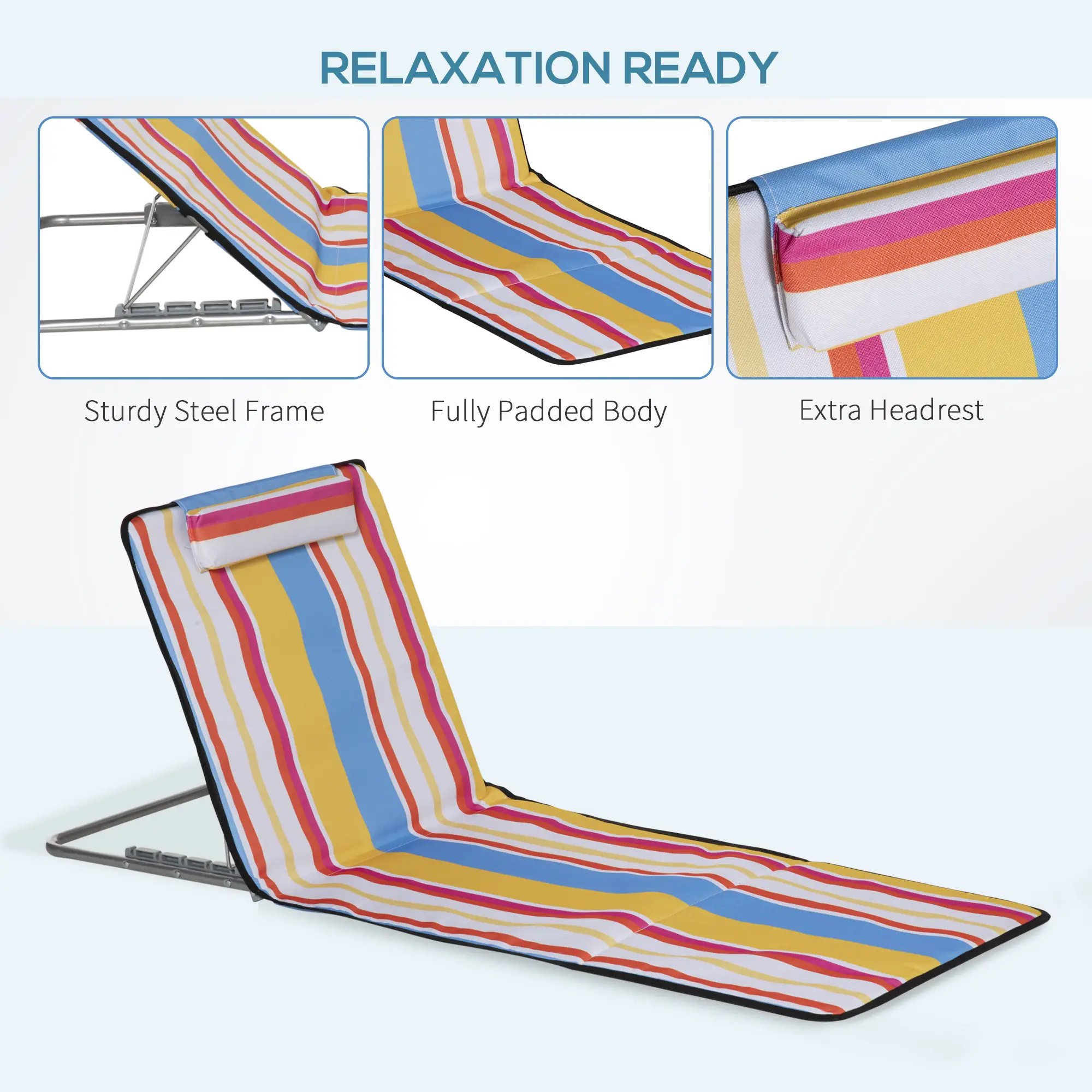 Set of 2 Beach Lounge Chairs, Padded Folding Mat, Adjustable Back, Steel Frame, Head Pillow, Carry Bag, Colorful Stripes, Colorful - Image 6