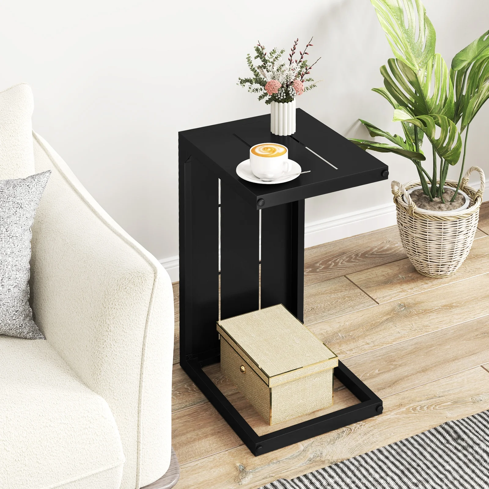 Set of 2 C-Shaped End Tables, Adjustable Foot Pads, Black - Image 2