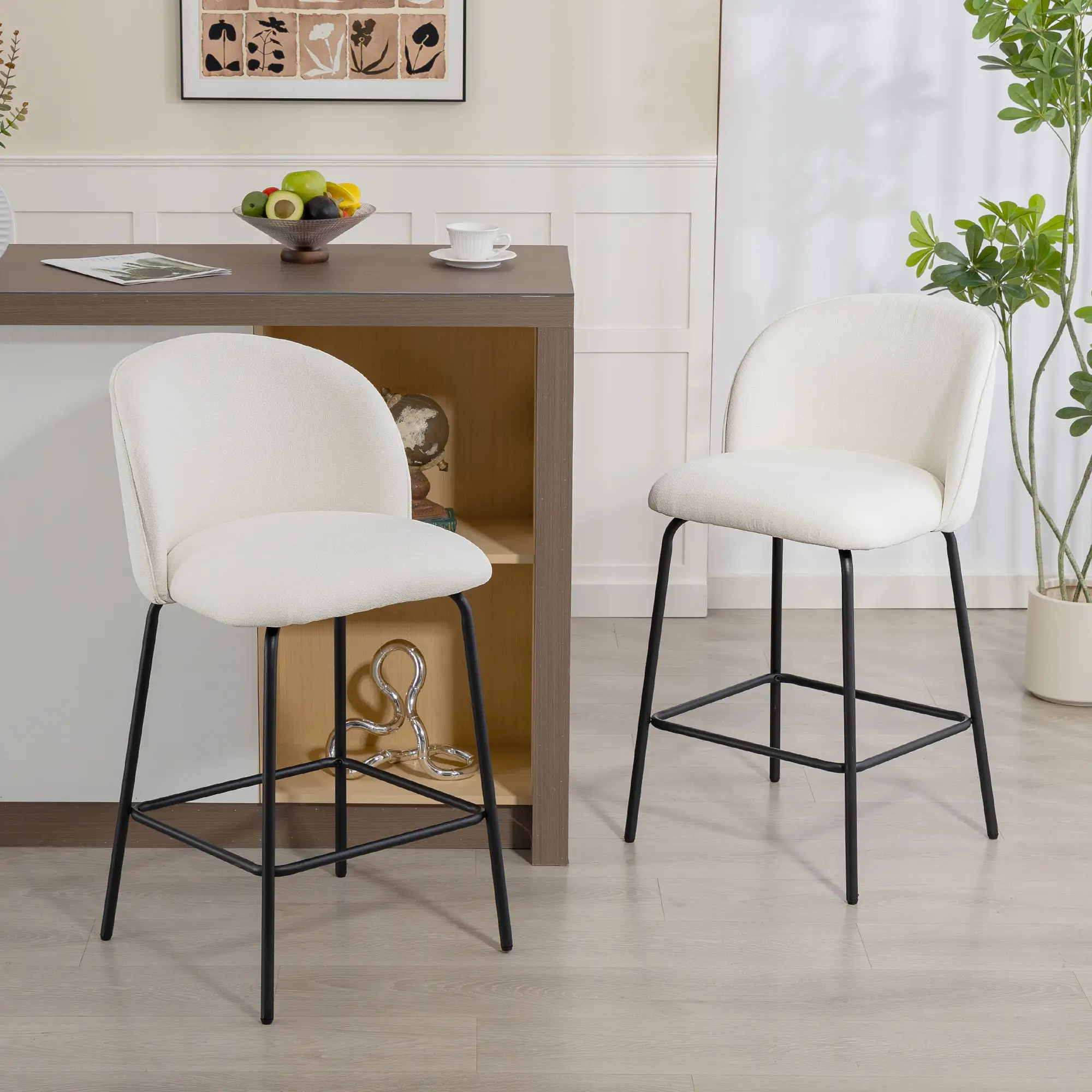 Set of 2 Counter Height Barstools, Upholstered Linen, Cream White - Image 2