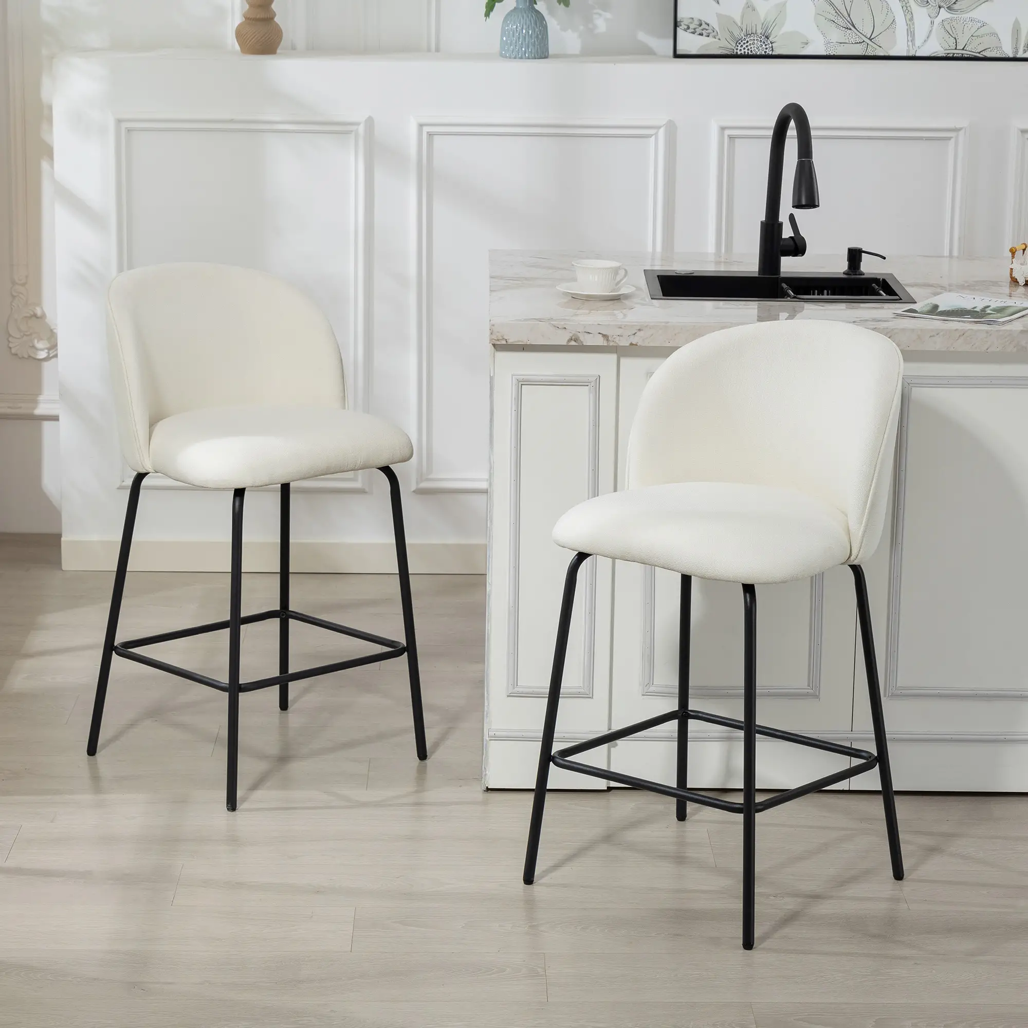 Set of 2 Counter Height Barstools, Upholstered Linen, Cream White - Image 8
