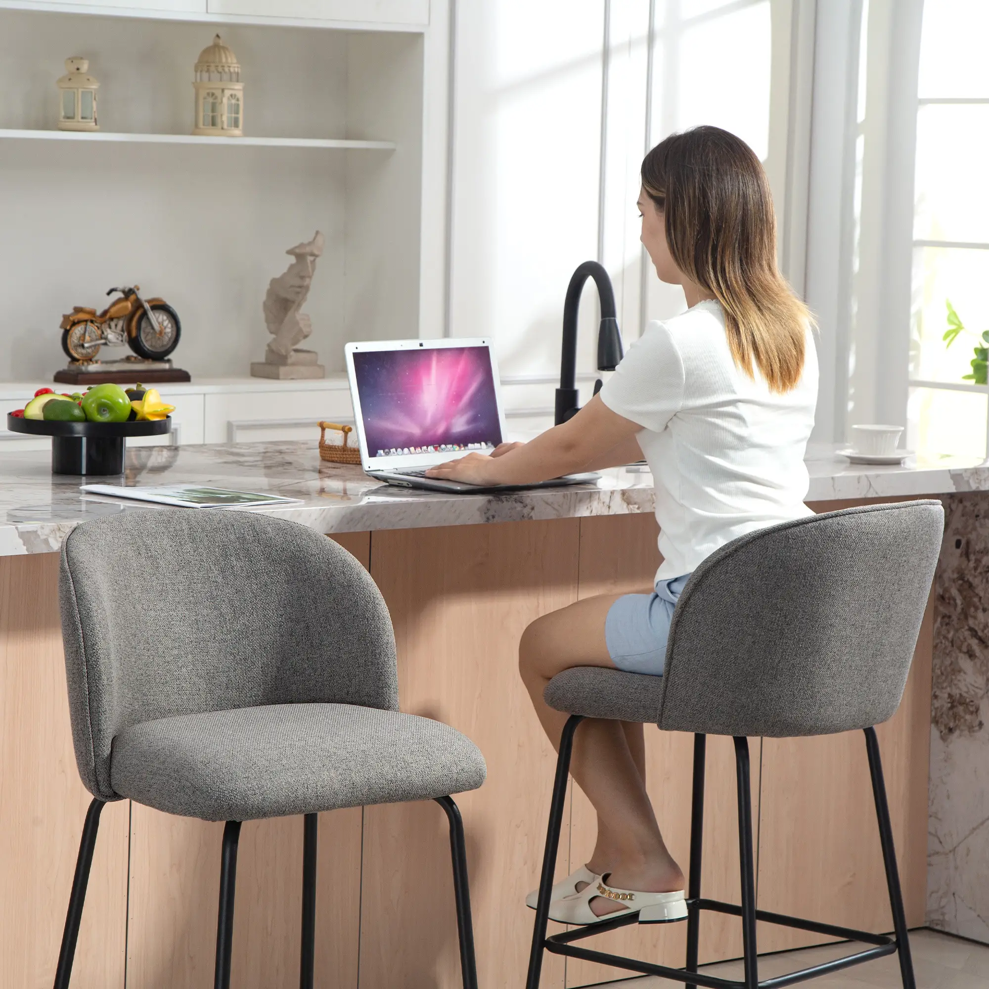 Set of 2 Counter Height Barstools, Upholstered Linen with Backrest, Dark Grey - Image 10