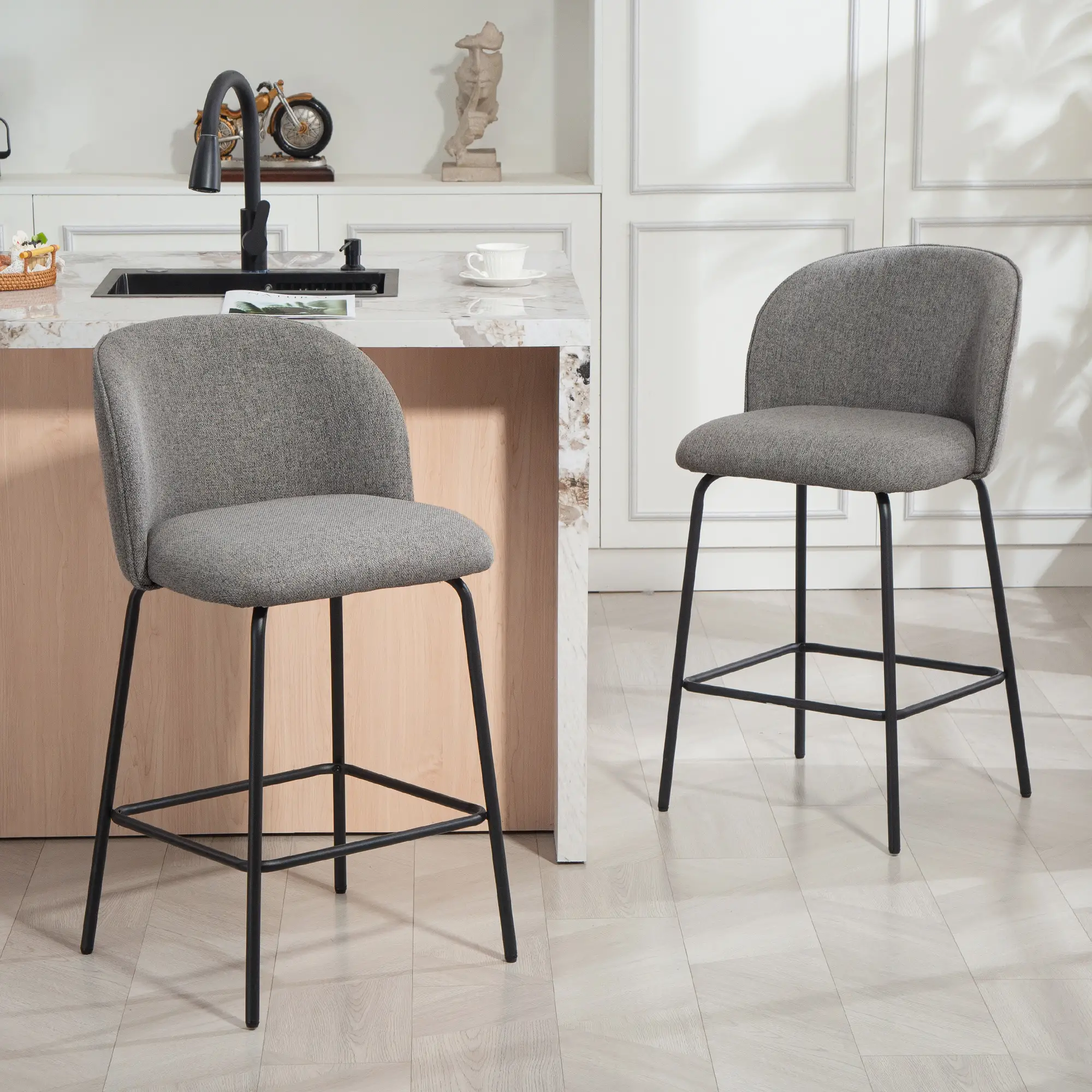 Set of 2 Counter Height Barstools, Upholstered Linen with Backrest, Dark Grey - Image 2