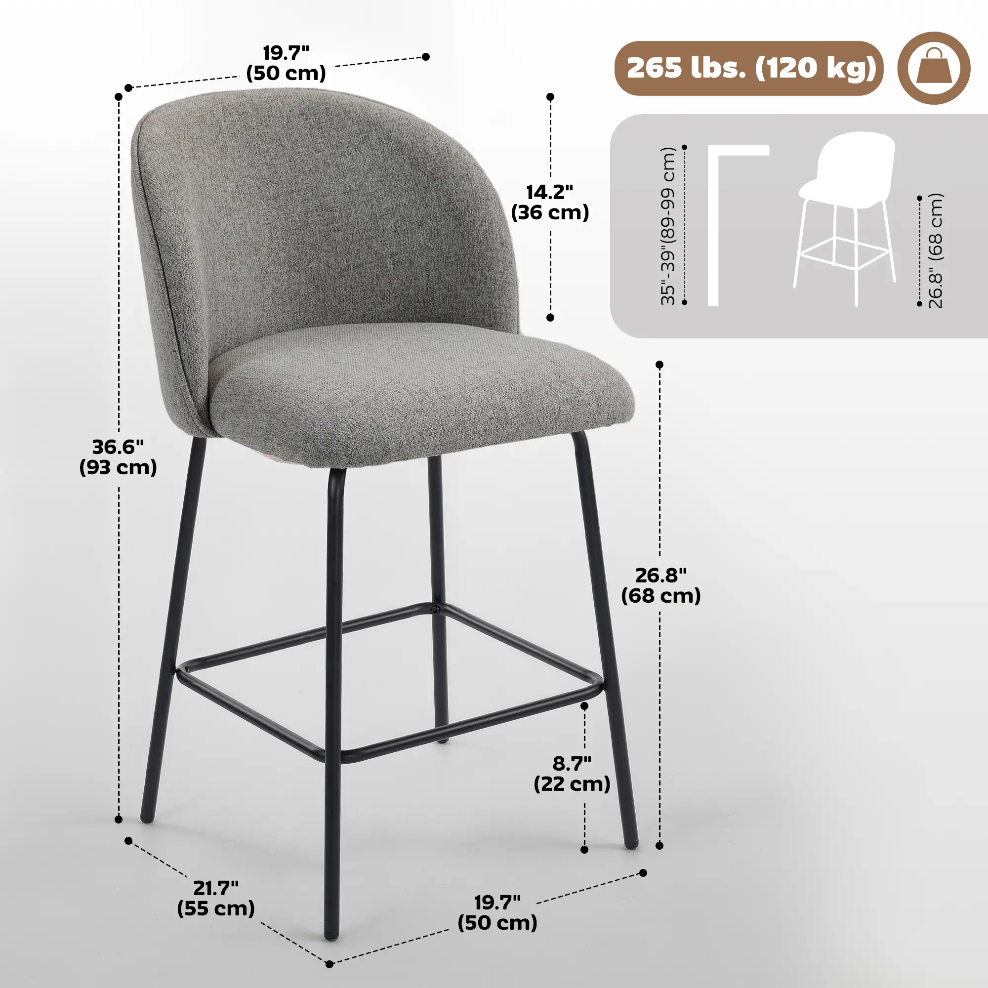 Set of 2 Counter Height Barstools, Upholstered Linen with Backrest, Dark Grey - Image 3