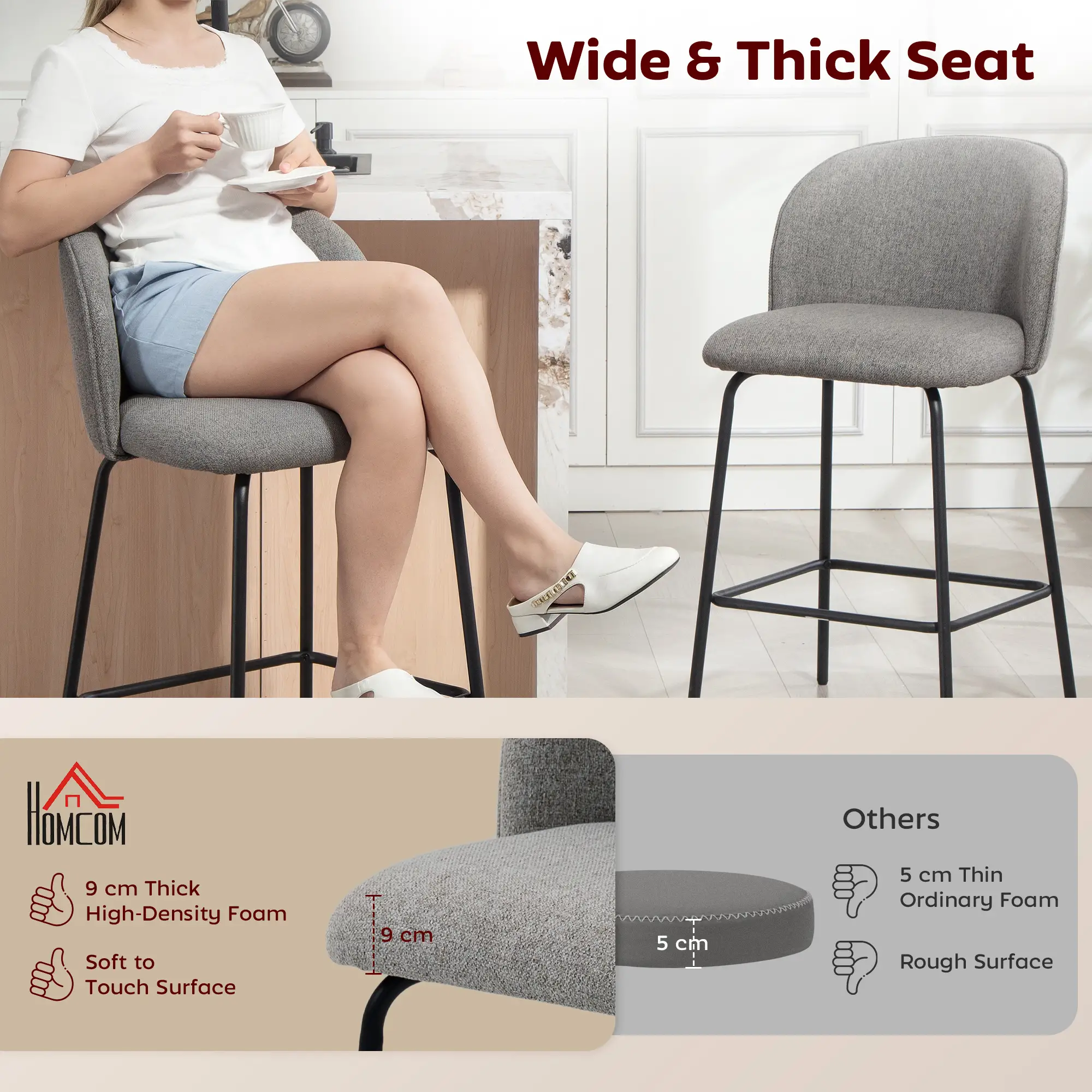 Set of 2 Counter Height Barstools, Upholstered Linen with Backrest, Dark Grey - Image 4