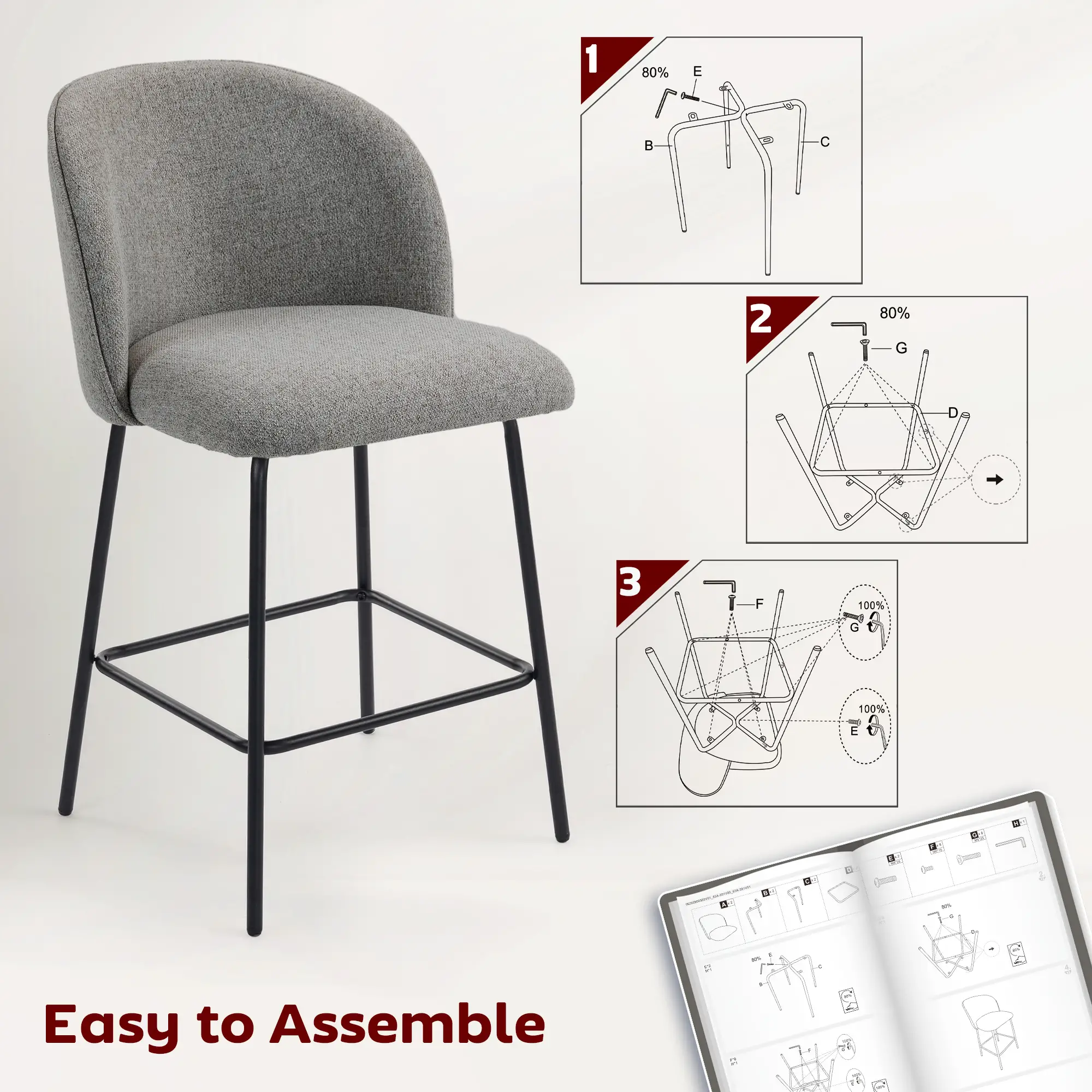 Set of 2 Counter Height Barstools, Upholstered Linen with Backrest, Dark Grey - Image 7