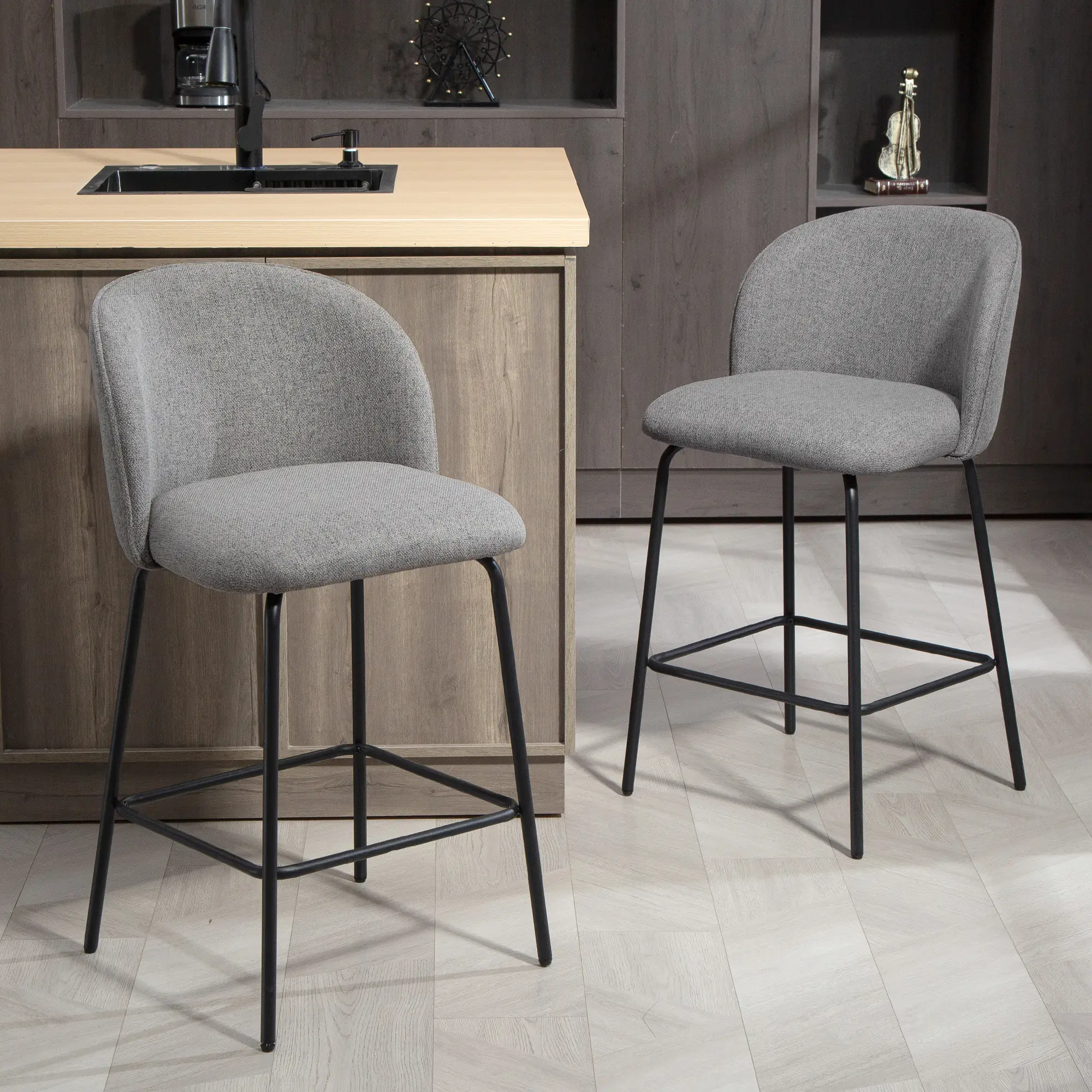 Set of 2 Counter Height Barstools, Upholstered Linen with Backrest, Dark Grey - Image 8