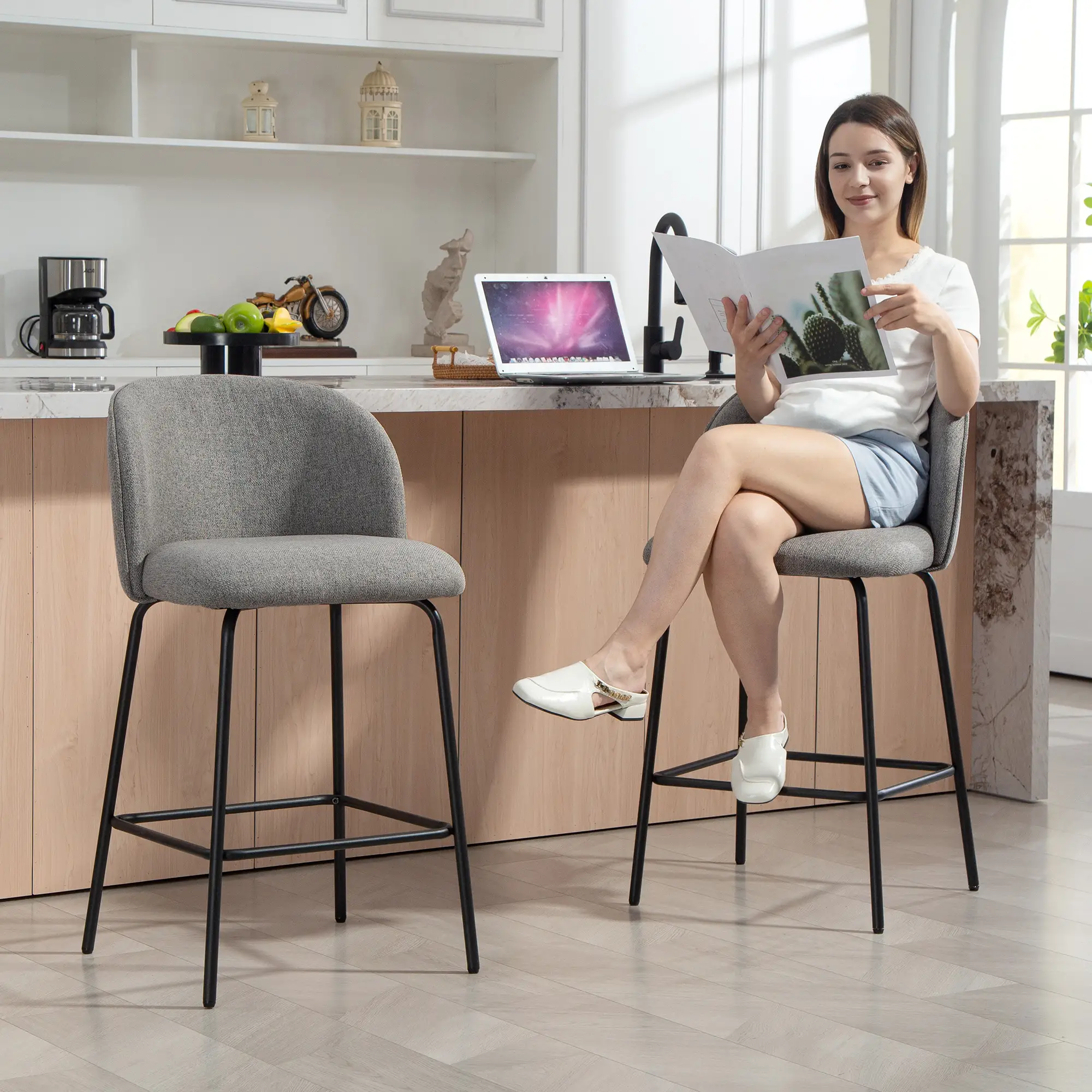 Set of 2 Counter Height Barstools, Upholstered Linen with Backrest, Dark Grey - Image 9