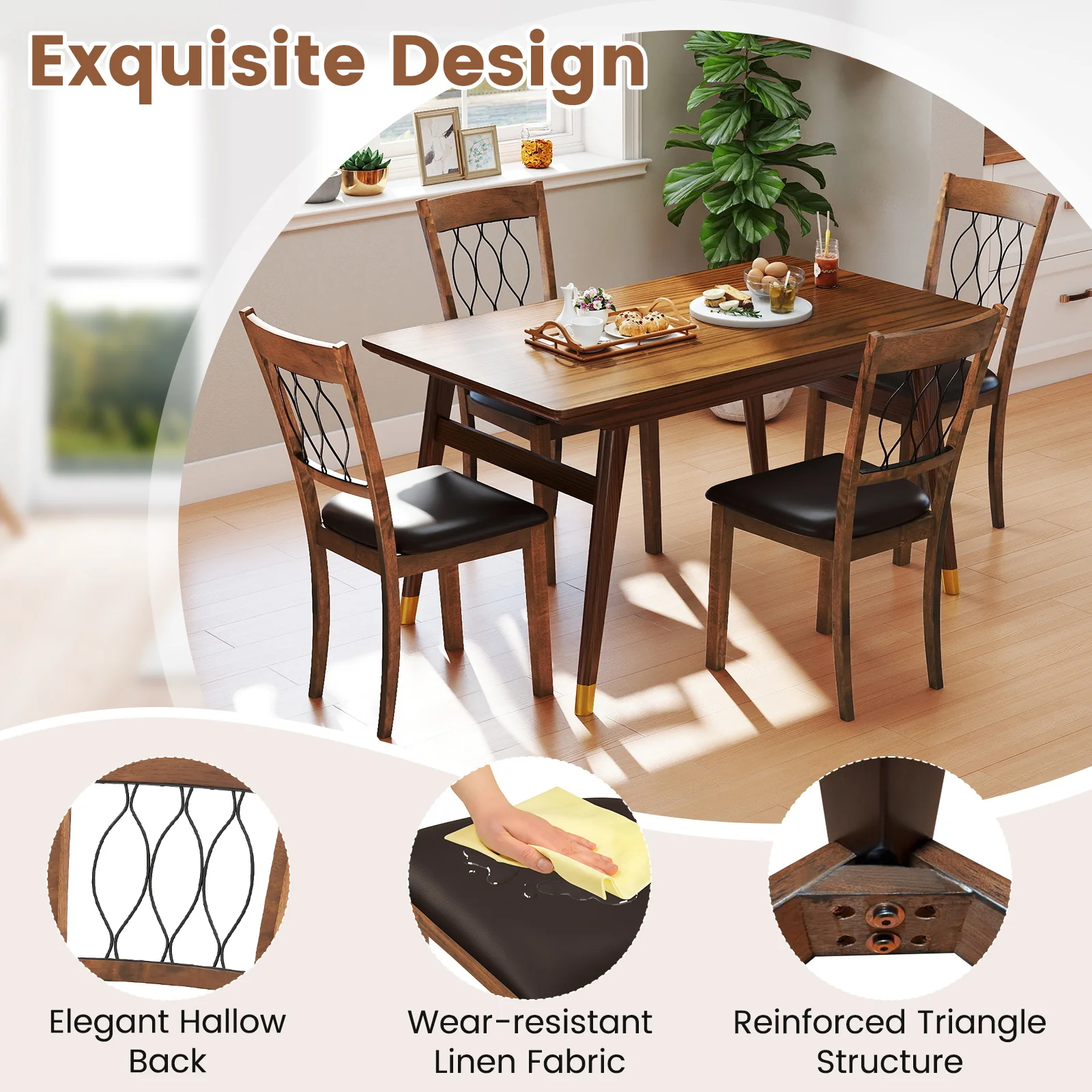 Set of 2 Dining Chair Fabric/Faux Leather Upholstered with Padded Seat, Walnut - Image 10