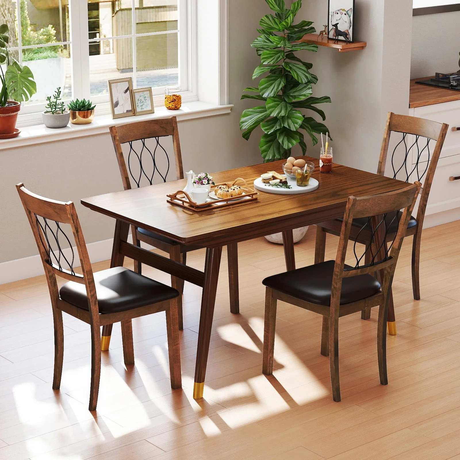 Set of 2 Dining Chair Fabric/Faux Leather Upholstered with Padded Seat, Walnut - Image 7