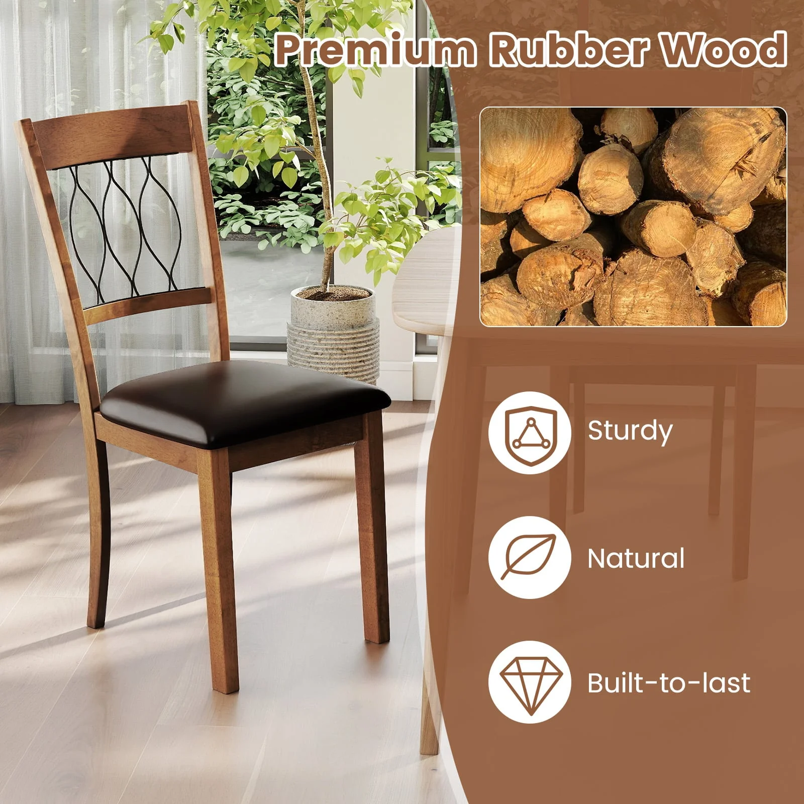 Set of 2 Dining Chair Fabric/Faux Leather Upholstered with Padded Seat, Walnut - Image 8