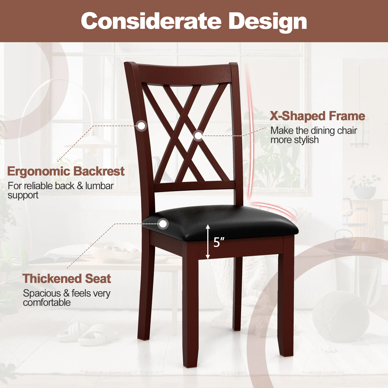 Set Of 2 Dining Chairs, With Backrest And Padded Seat, Brown - Image 7