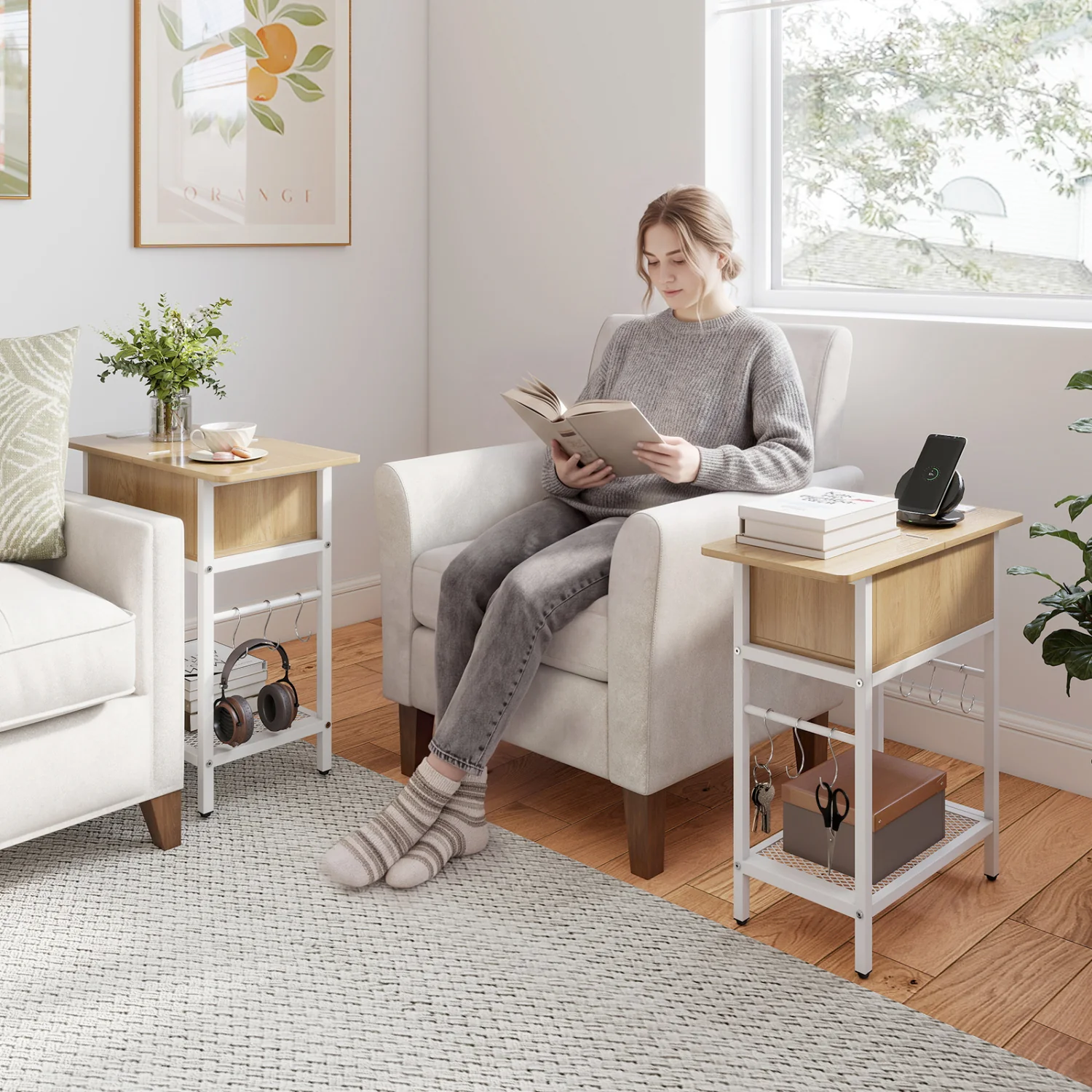 Set of 2 End Table with Charging Station and Hidden Compartment, Natural - Image 2