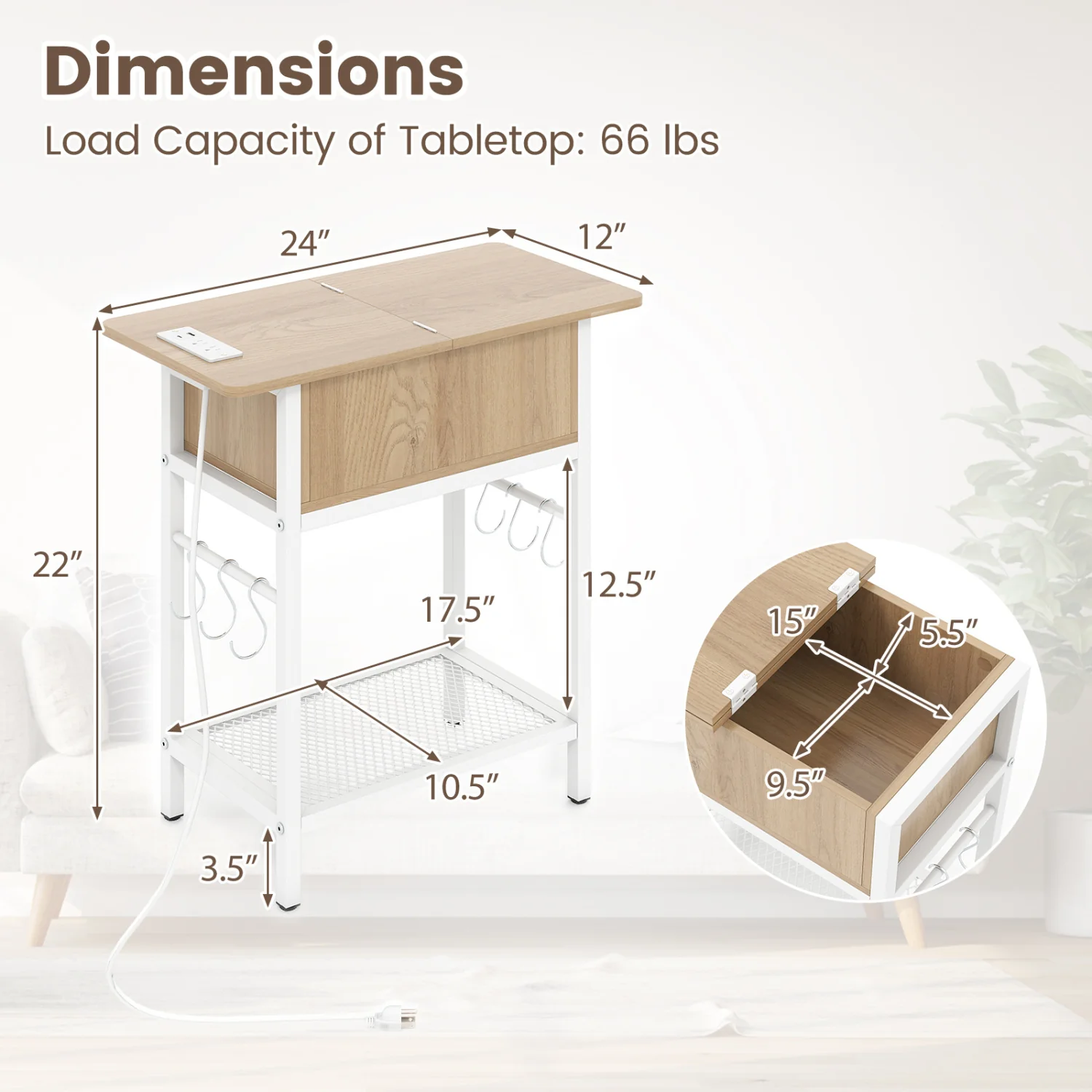 Set of 2 End Table with Charging Station and Hidden Compartment, Natural - Image 4