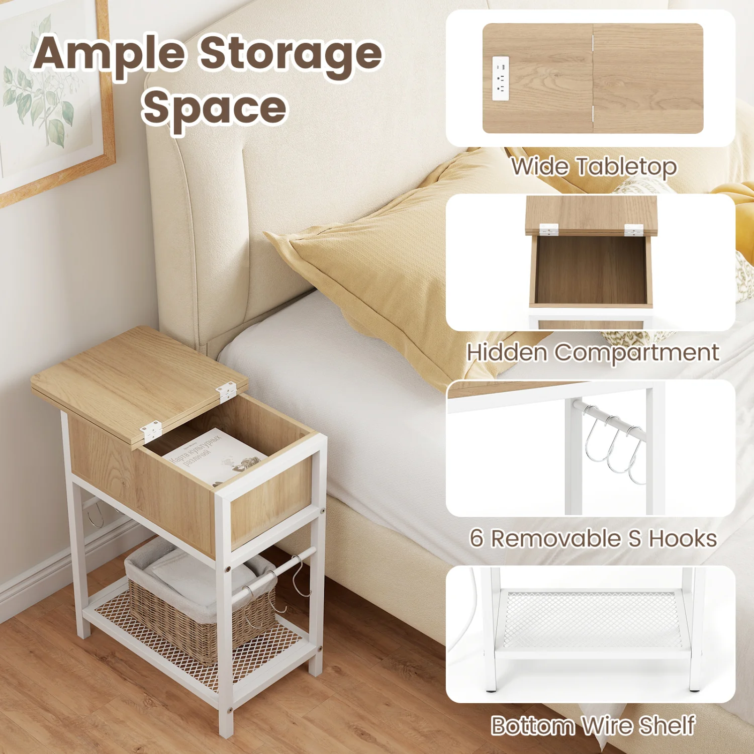 Set of 2 End Table with Charging Station and Hidden Compartment, Natural - Image 6