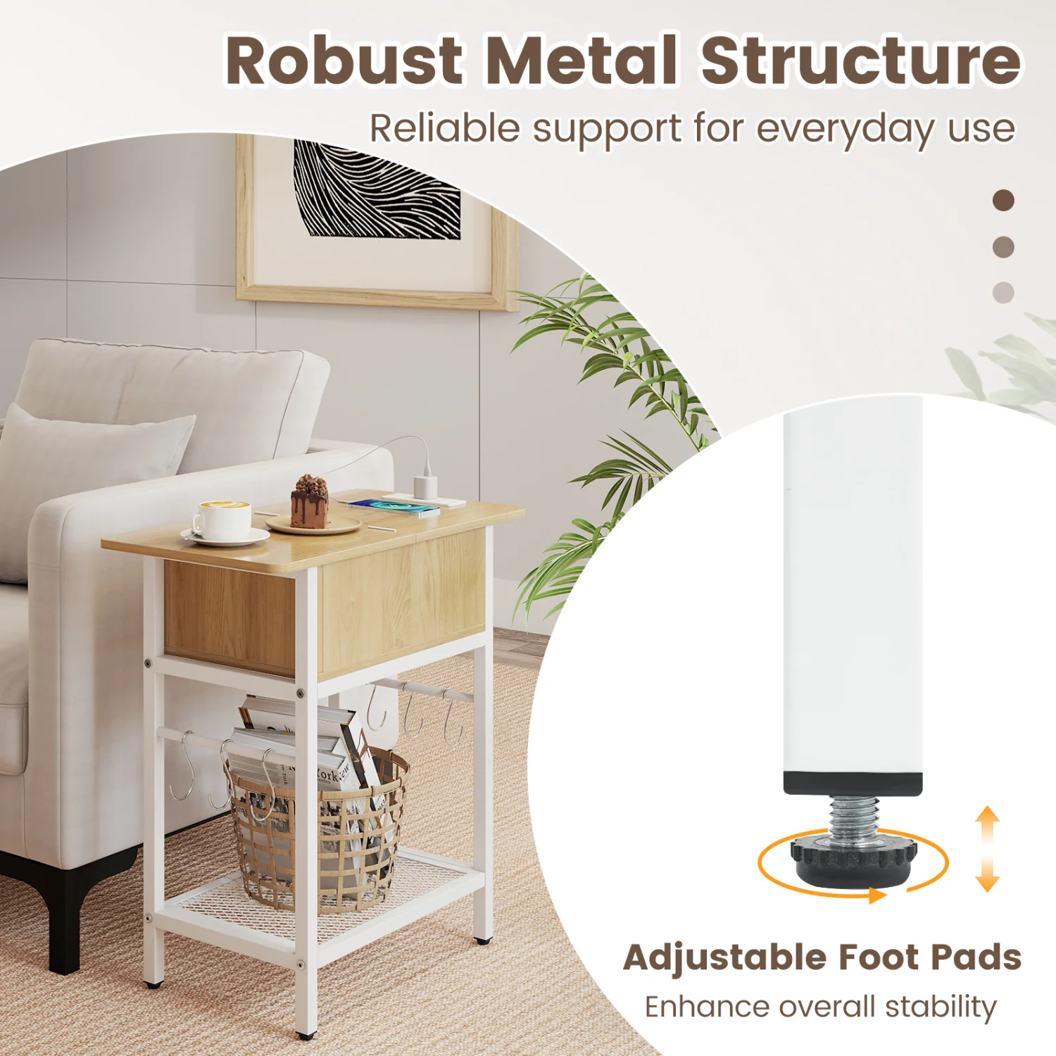 Set of 2 End Table with Charging Station and Hidden Compartment, Natural - Image 7