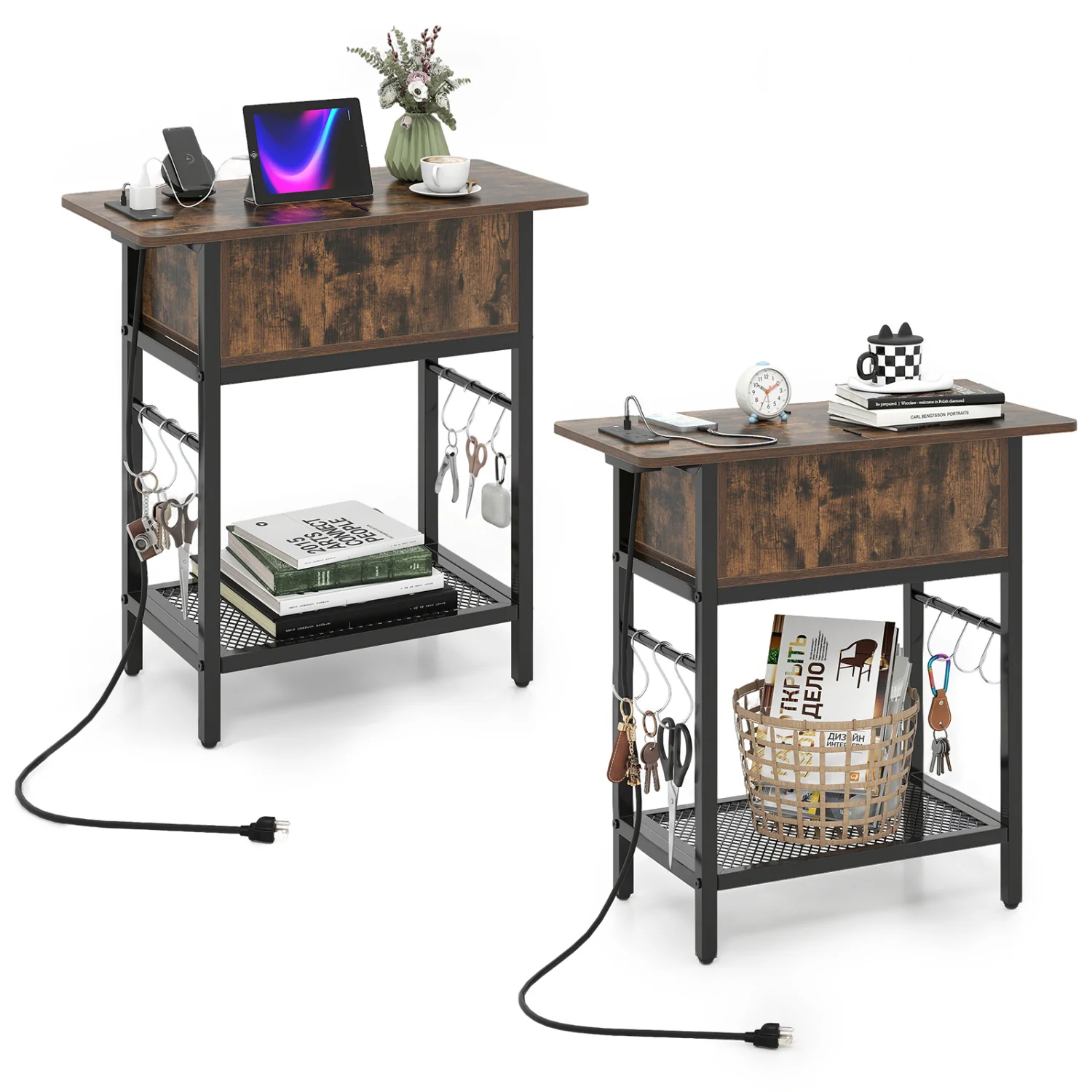 Set of 2 End Table with Charging Station and Hidden Compartment, Rustic Brown