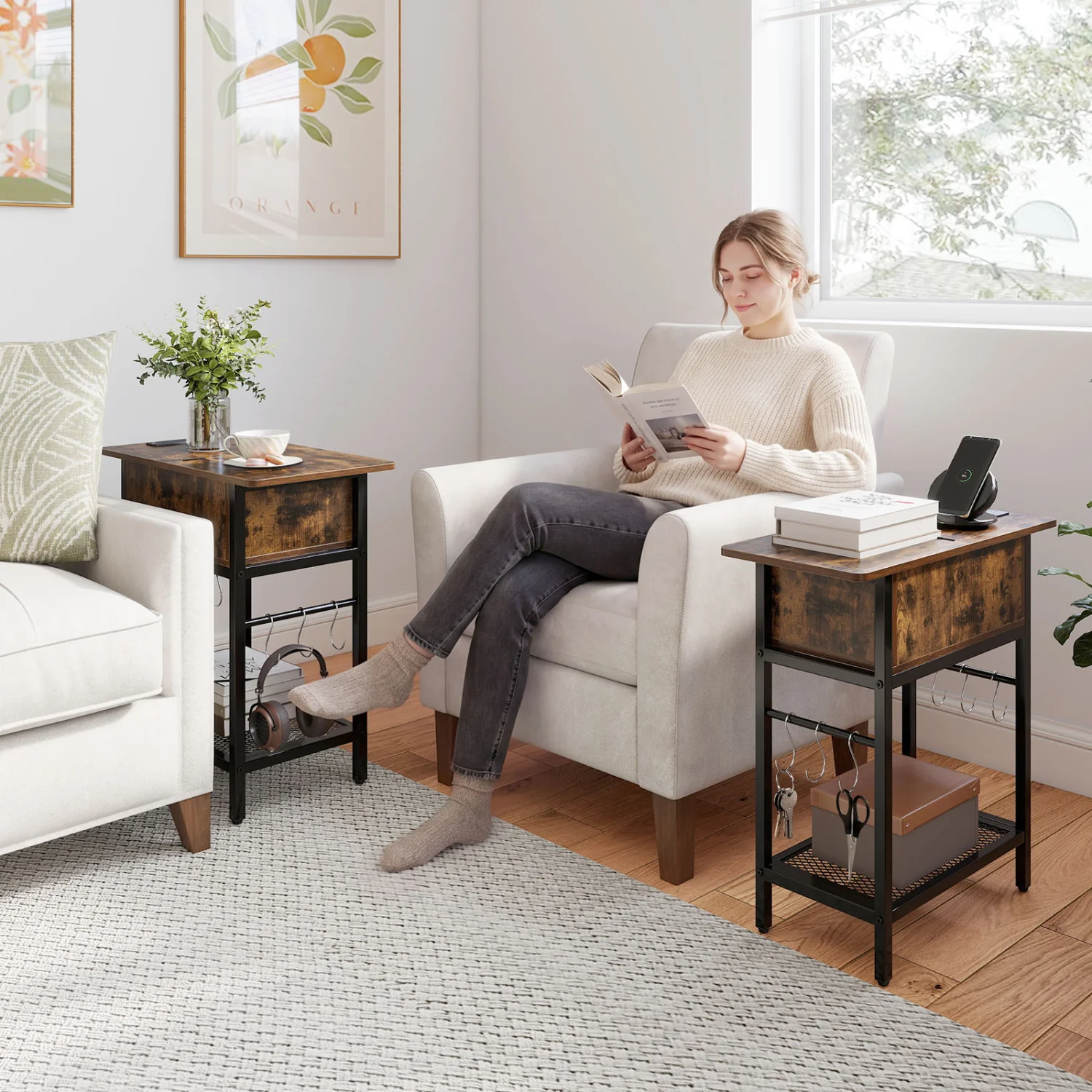 Set of 2 End Table with Charging Station and Hidden Compartment, Rustic Brown - Image 2