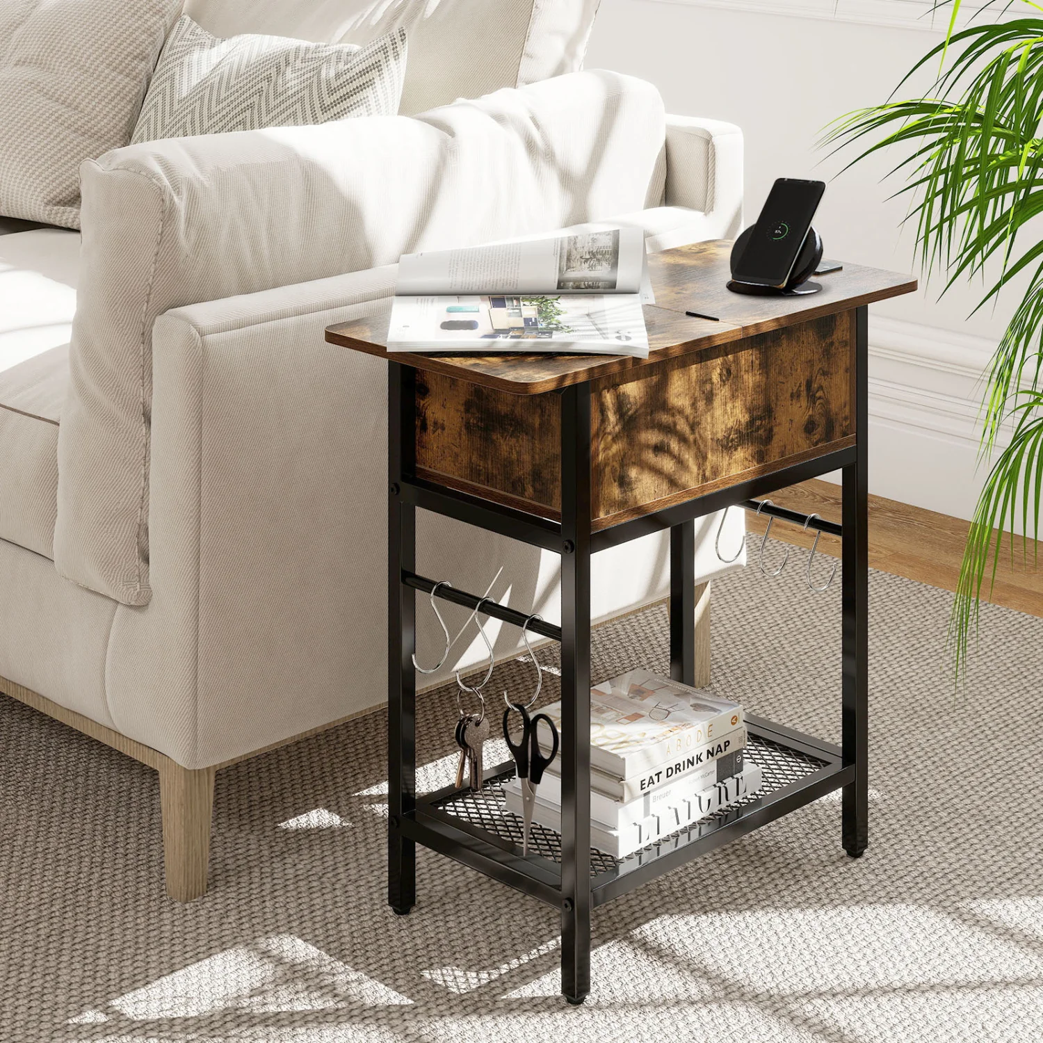 Set of 2 End Table with Charging Station and Hidden Compartment, Rustic Brown - Image 3