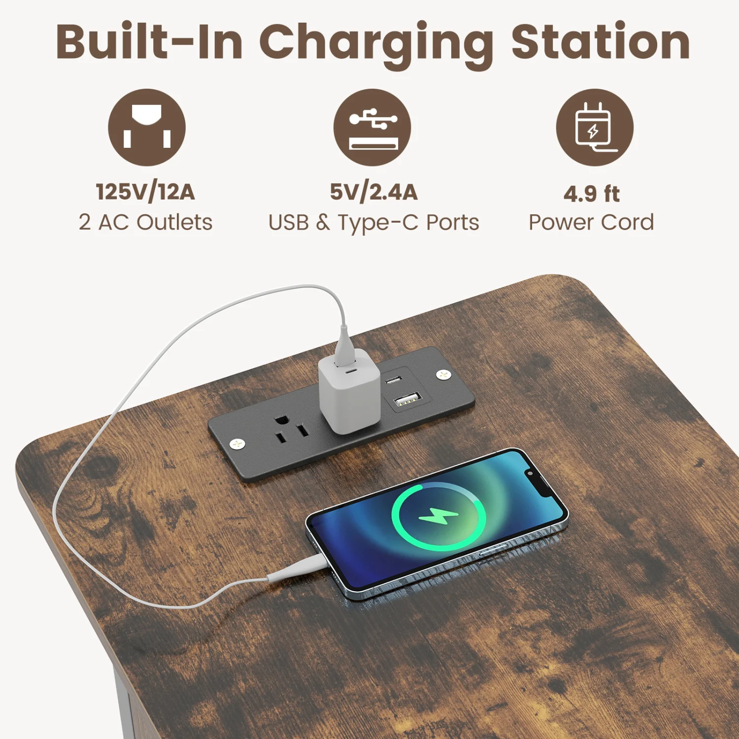 Set of 2 End Table with Charging Station and Hidden Compartment, Rustic Brown - Image 5