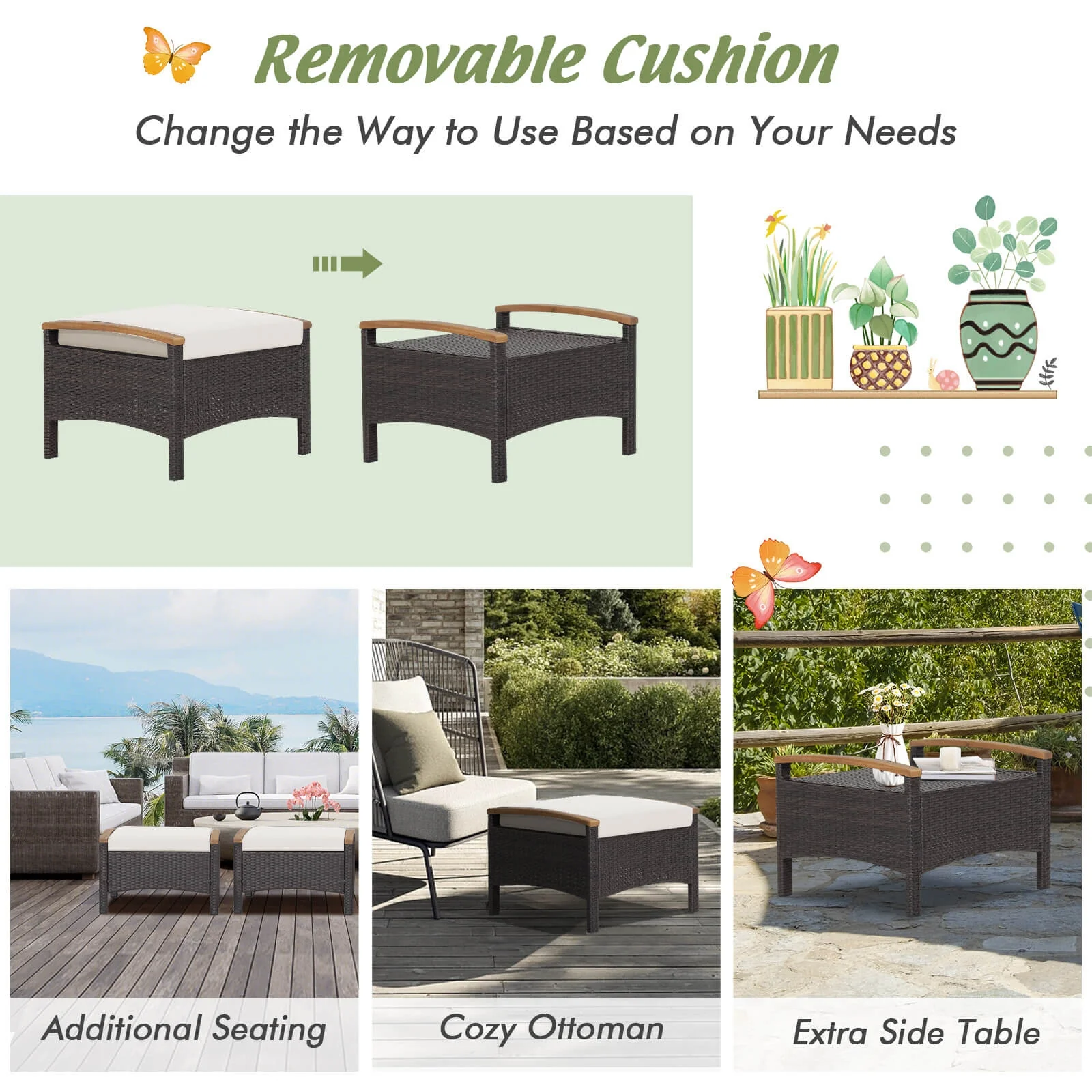 Set Of 2 Fade-Resistant Wicker Patio Ottoman, White - Image 10