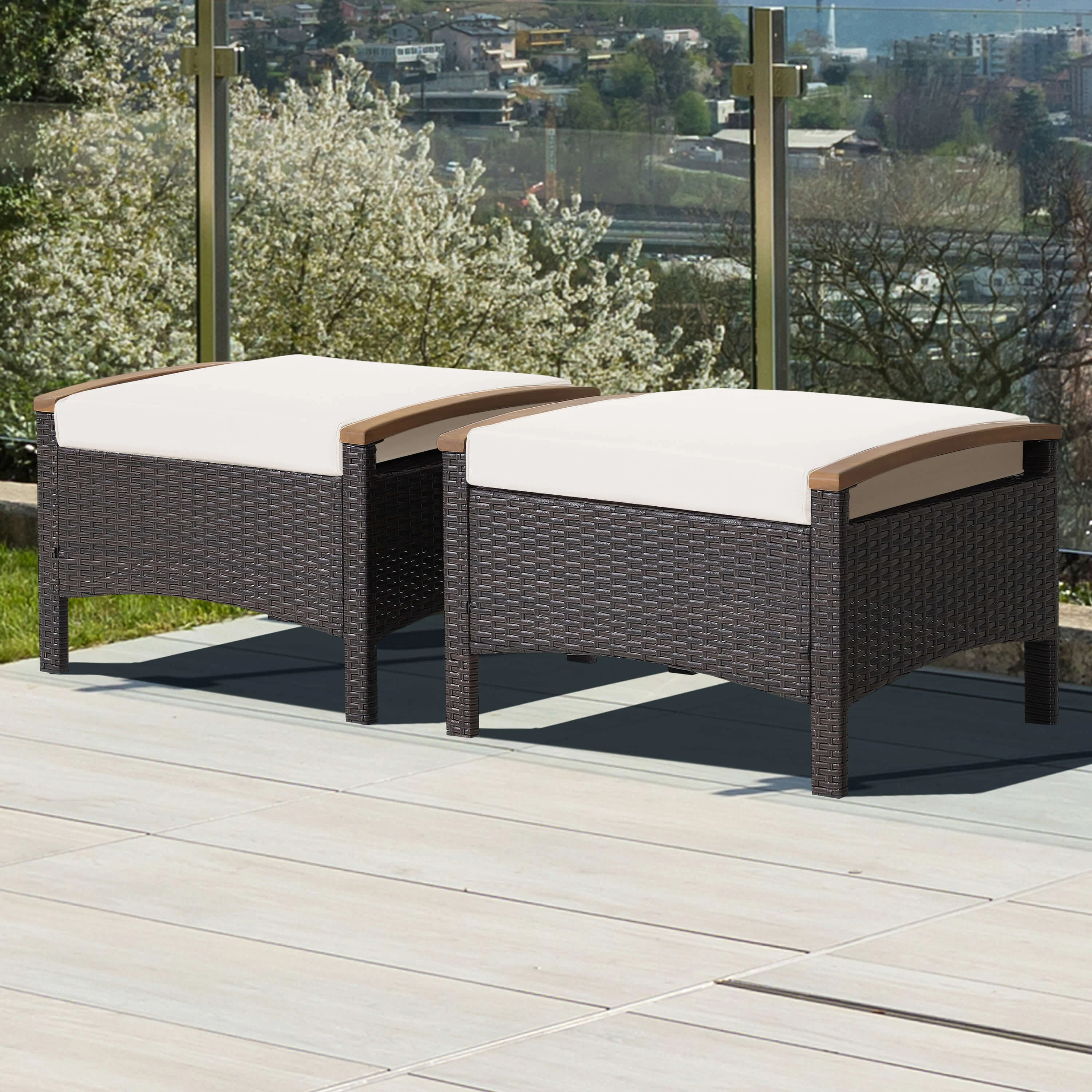 Set Of 2 Fade-Resistant Wicker Patio Ottoman, White - Image 3
