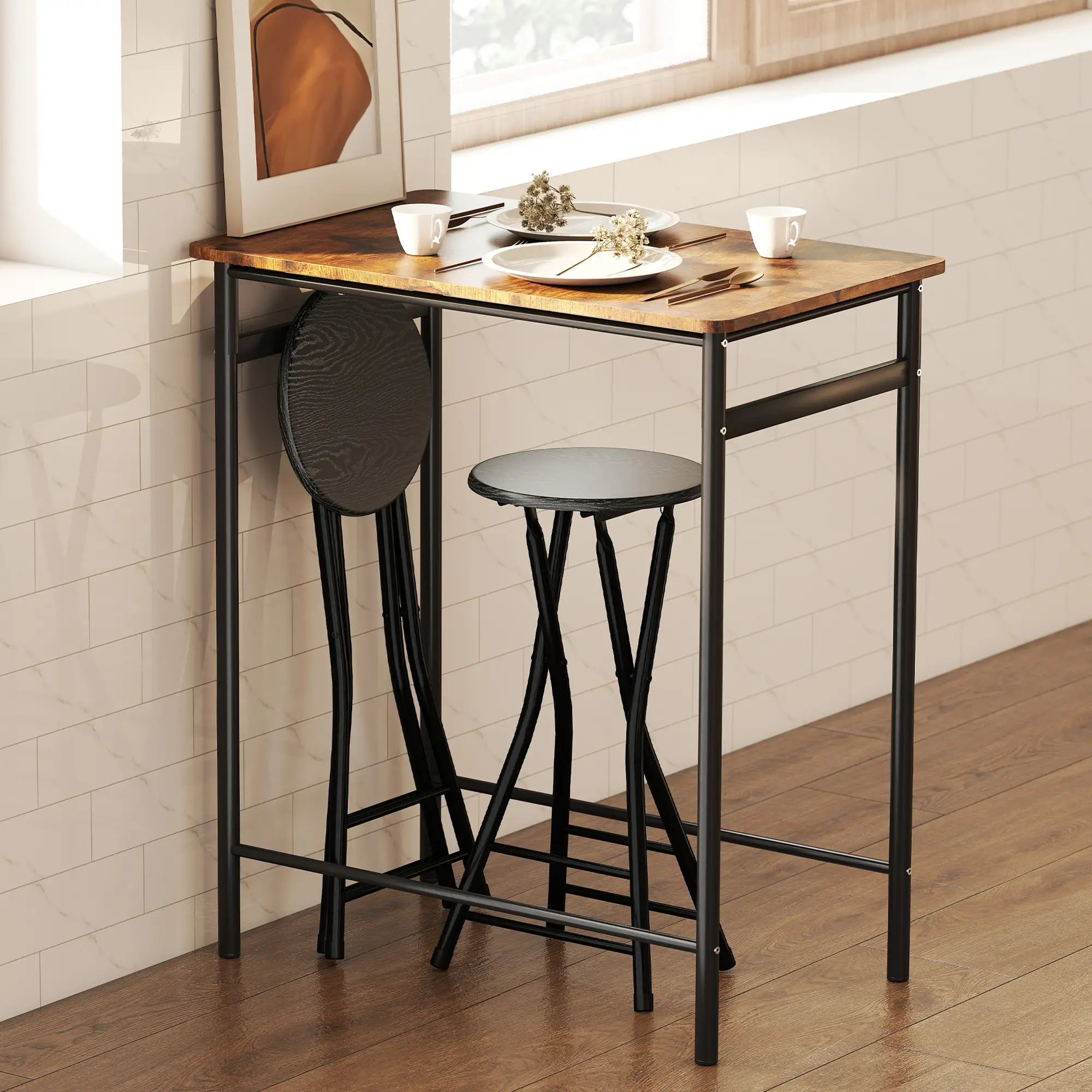 Set of 2 Foldable Barstools, Counter Height with Footrest, Steel Legs, Black - Image 10