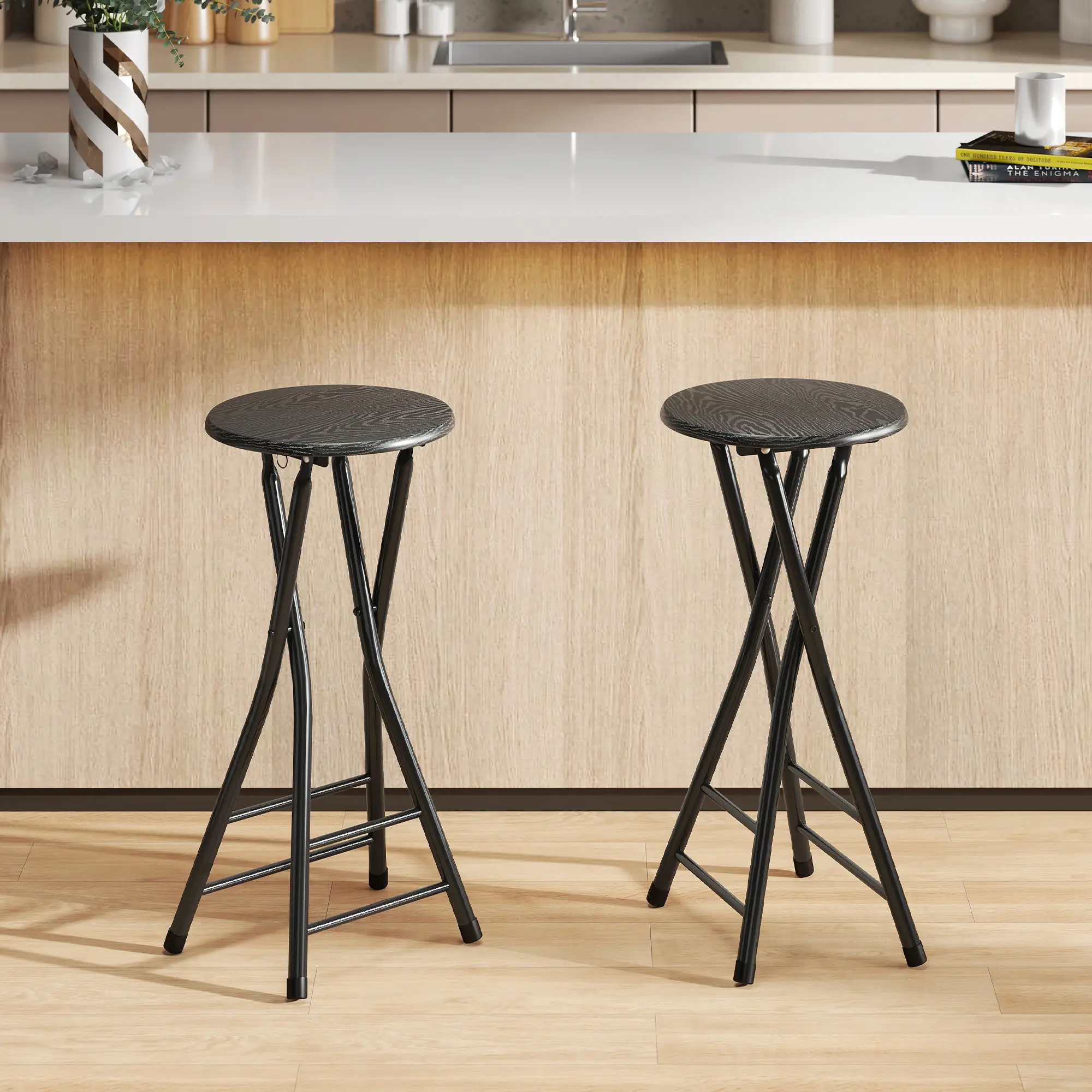 Set of 2 Foldable Barstools, Counter Height with Footrest, Steel Legs, Black - Image 2