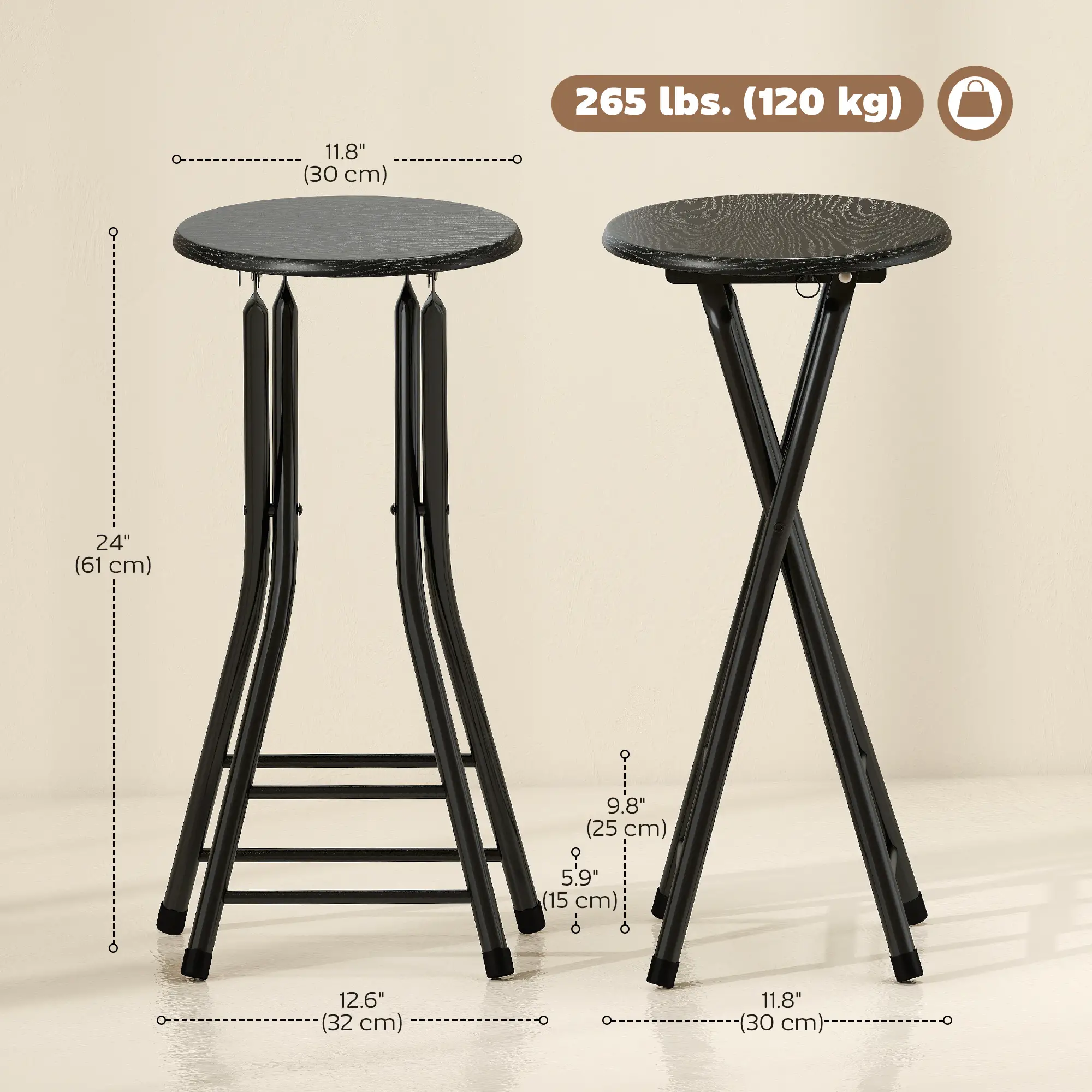 Set of 2 Foldable Barstools, Counter Height with Footrest, Steel Legs, Black - Image 3