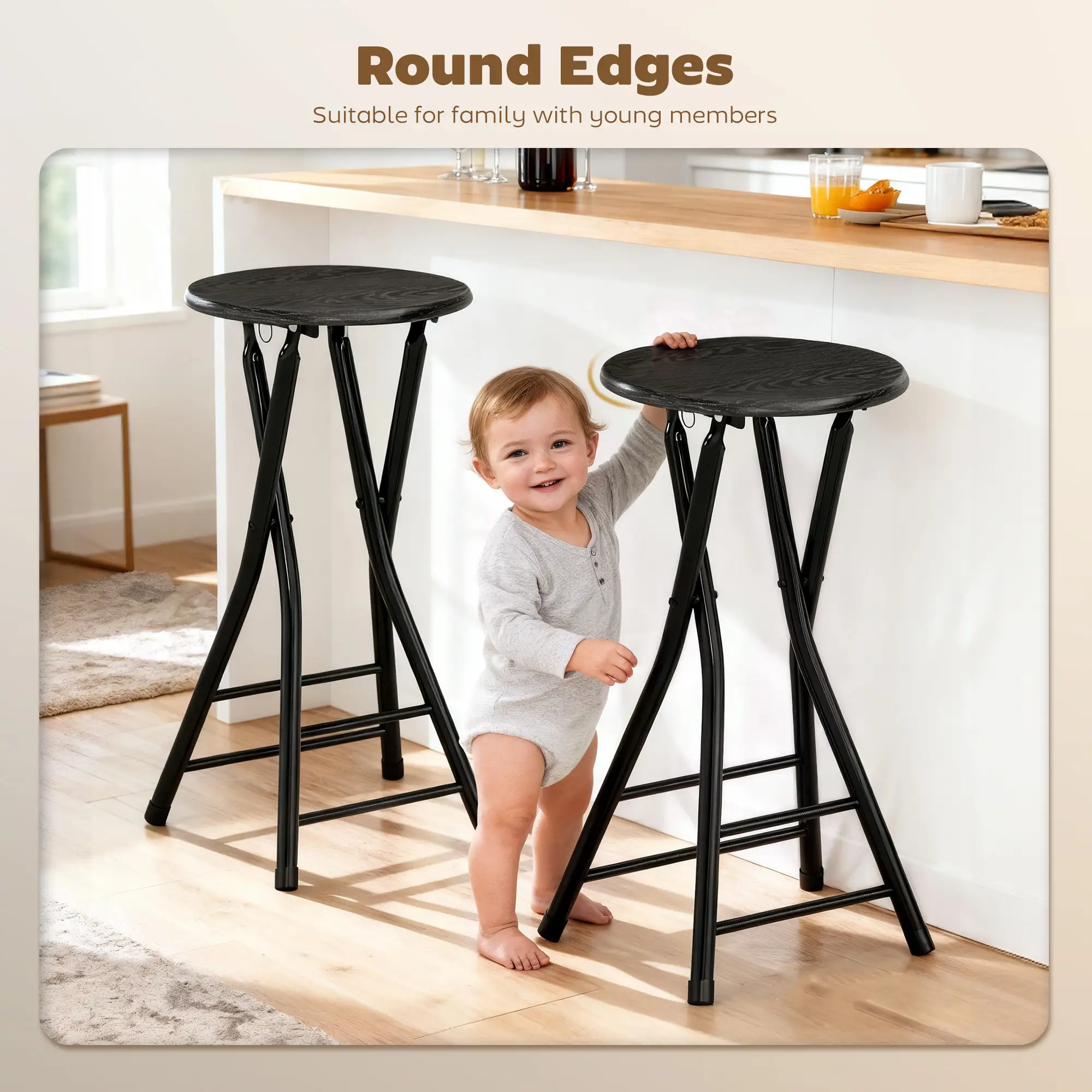 Set of 2 Foldable Barstools, Counter Height with Footrest, Steel Legs, Black - Image 6