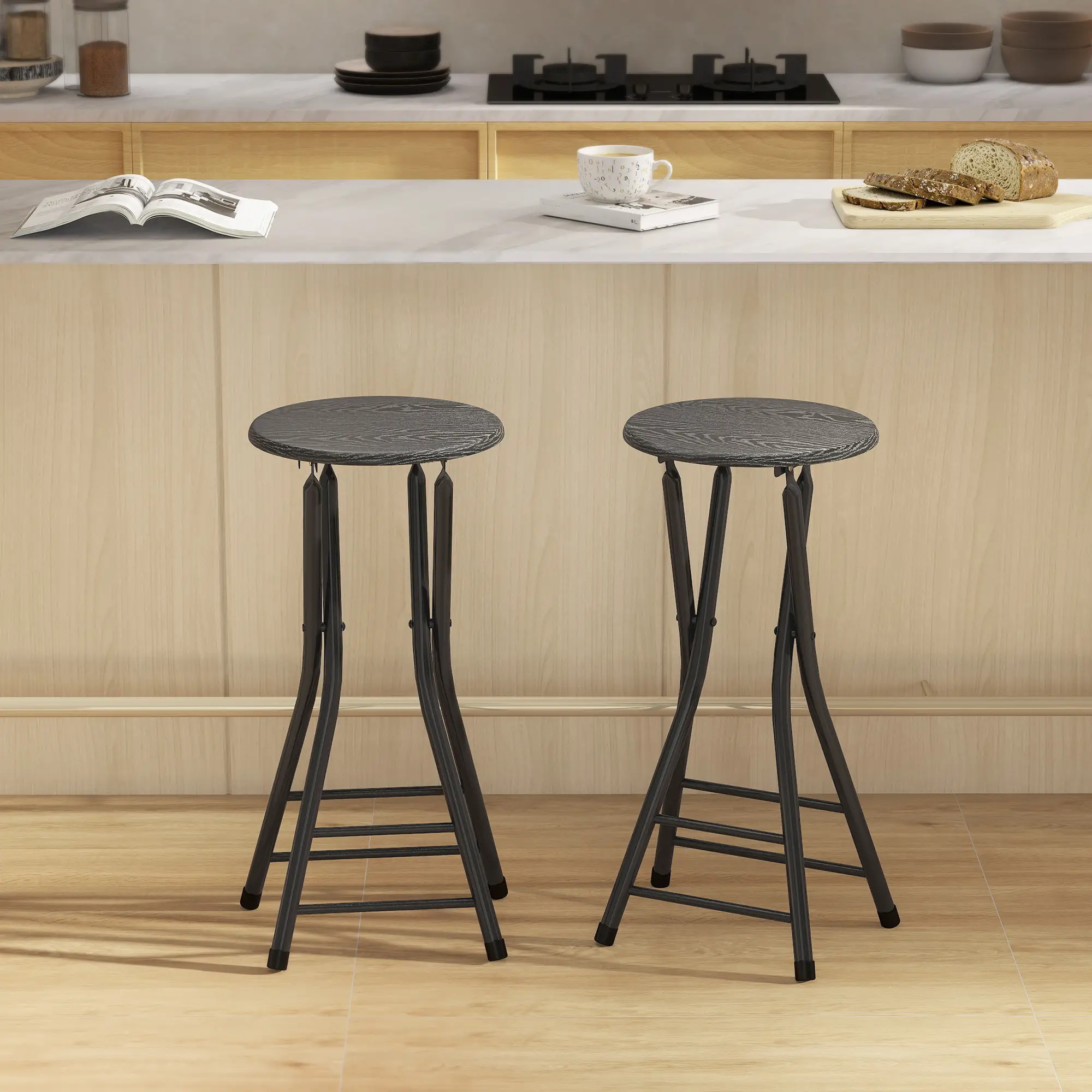 Set of 2 Foldable Barstools, Counter Height with Footrest, Steel Legs, Black - Image 8