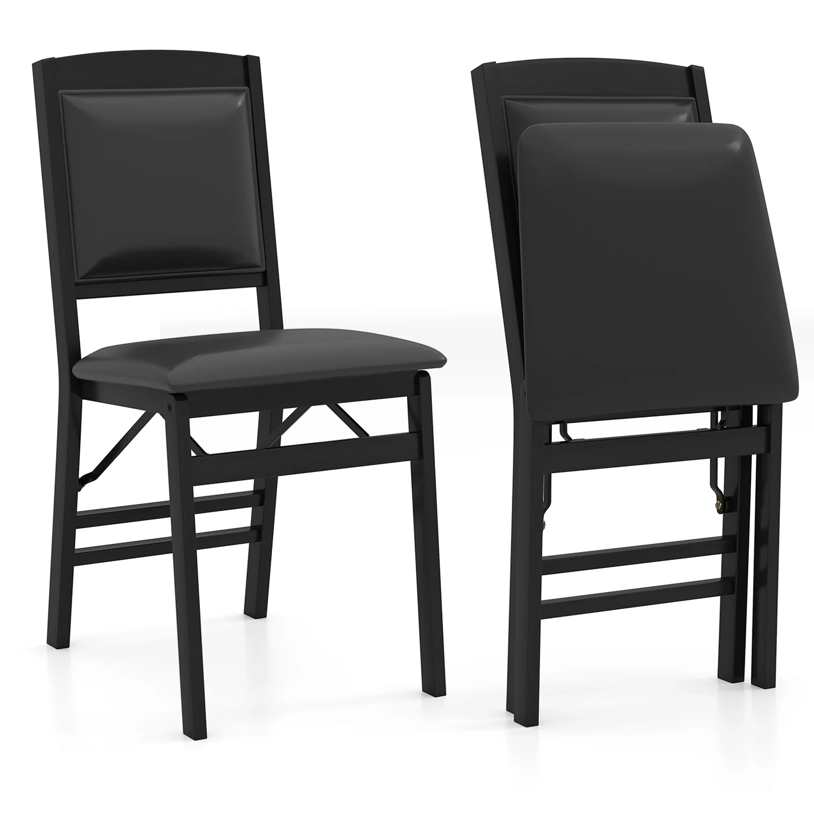 Set Of 2 Folding Dining Chairs, Padded Seat, High Backrest, Black