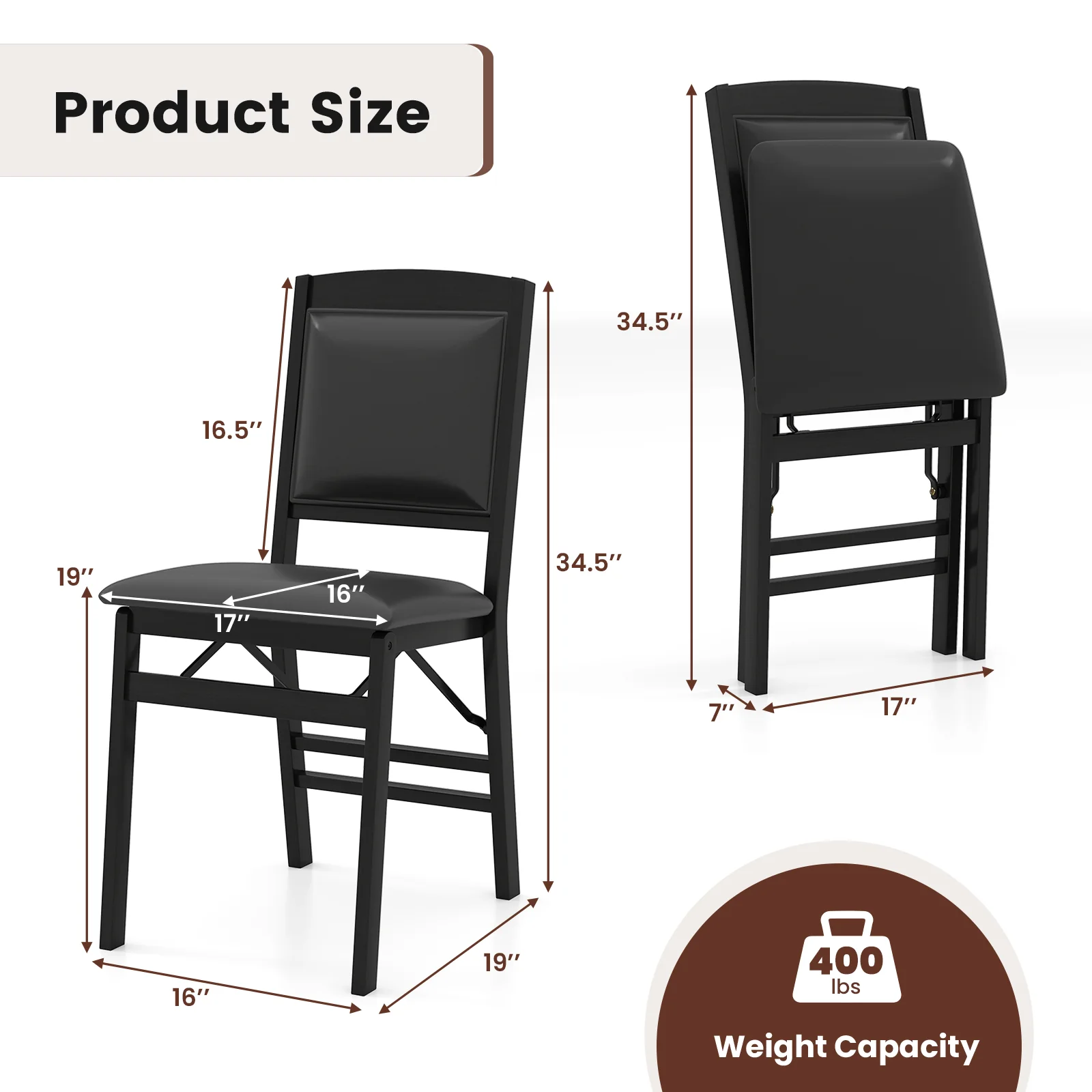 Set Of 2 Folding Dining Chairs, Padded Seat, High Backrest, Black - Image 4