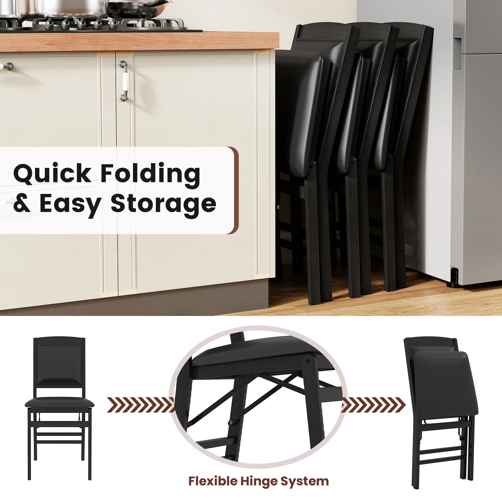 Set Of 2 Folding Dining Chairs, Padded Seat, High Backrest, Black - Image 6