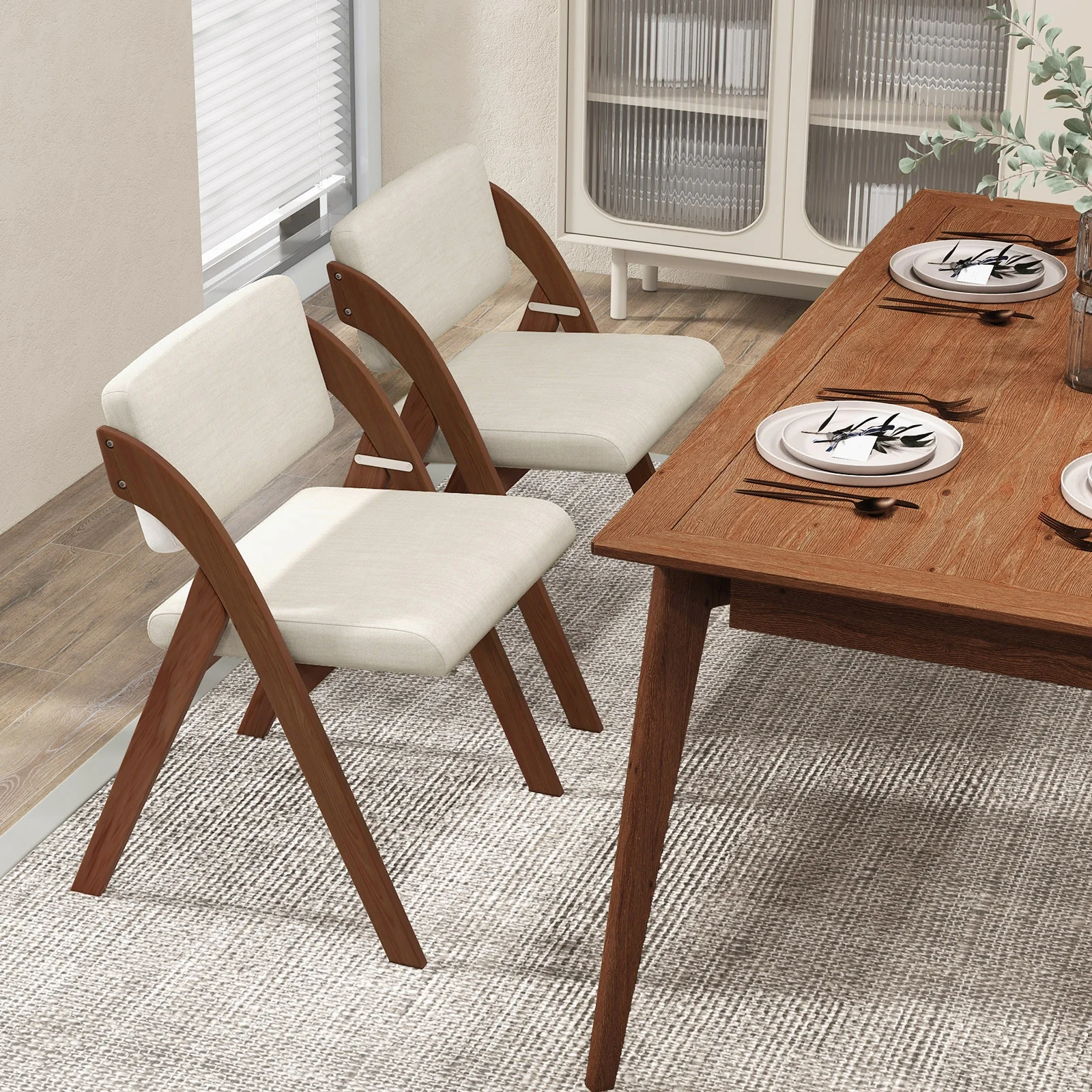 Set of 2 Folding Kitchen Dining Chairs, Rubber Wood Legs, Walnut - Image 2