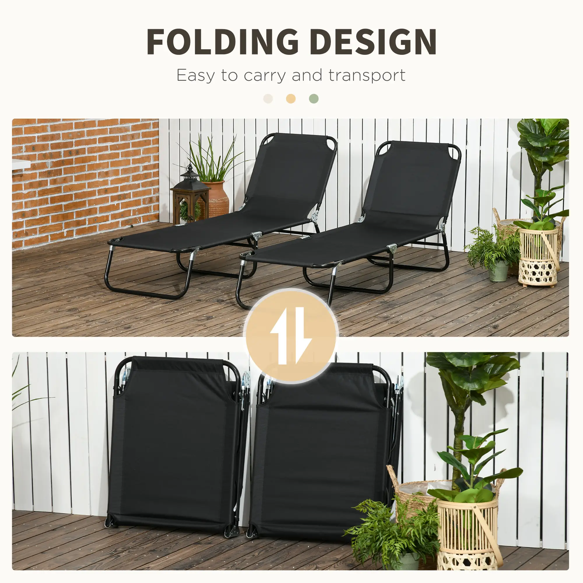 Set of 2 Folding Outdoor Lounge Chairs, Reclining Back, Breathable Mesh, Black - Image 5