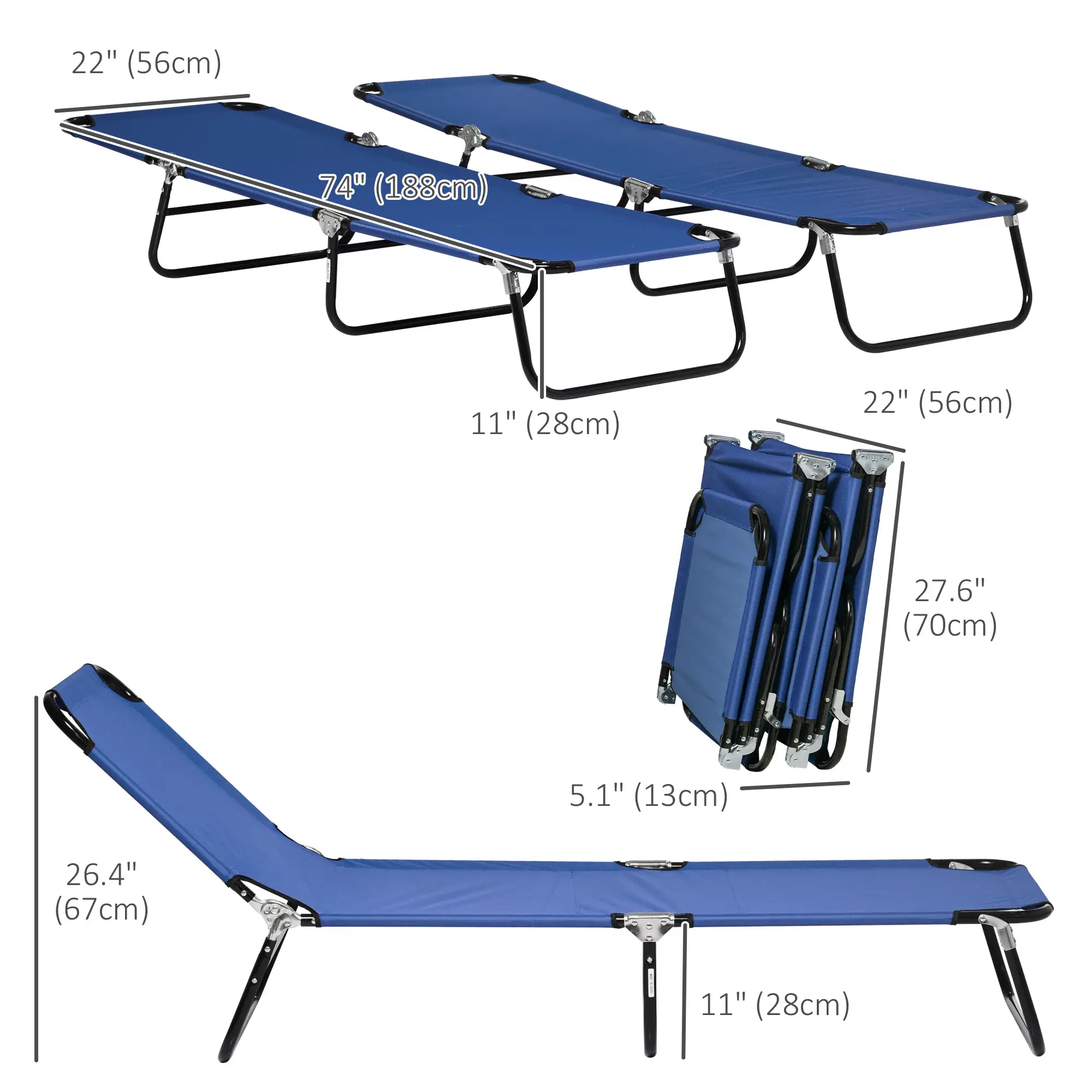 Set of 2 Folding Outdoor Lounge Chairs, Reclining Back, Breathable Mesh, Blue - Image 3