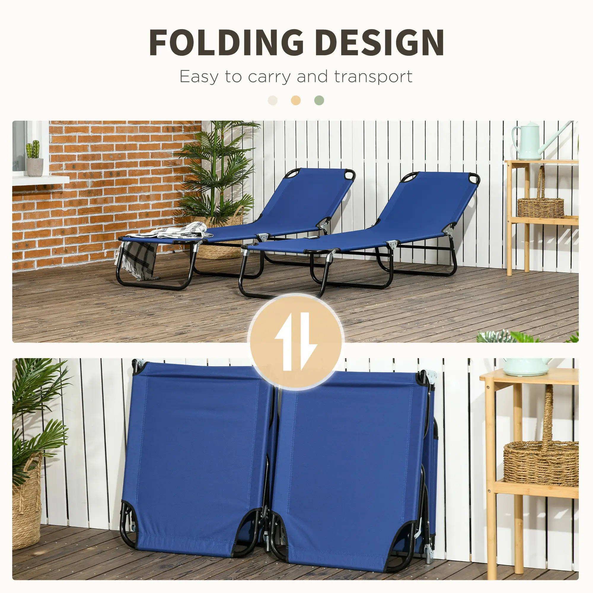 Set of 2 Folding Outdoor Lounge Chairs, Reclining Back, Breathable Mesh, Blue - Image 5