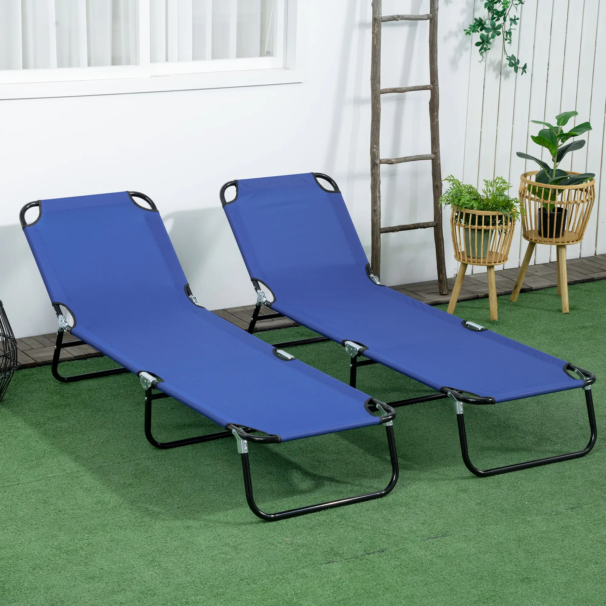 Set of 2 Folding Outdoor Lounge Chairs, Reclining Back, Breathable Mesh, Blue - Image 7