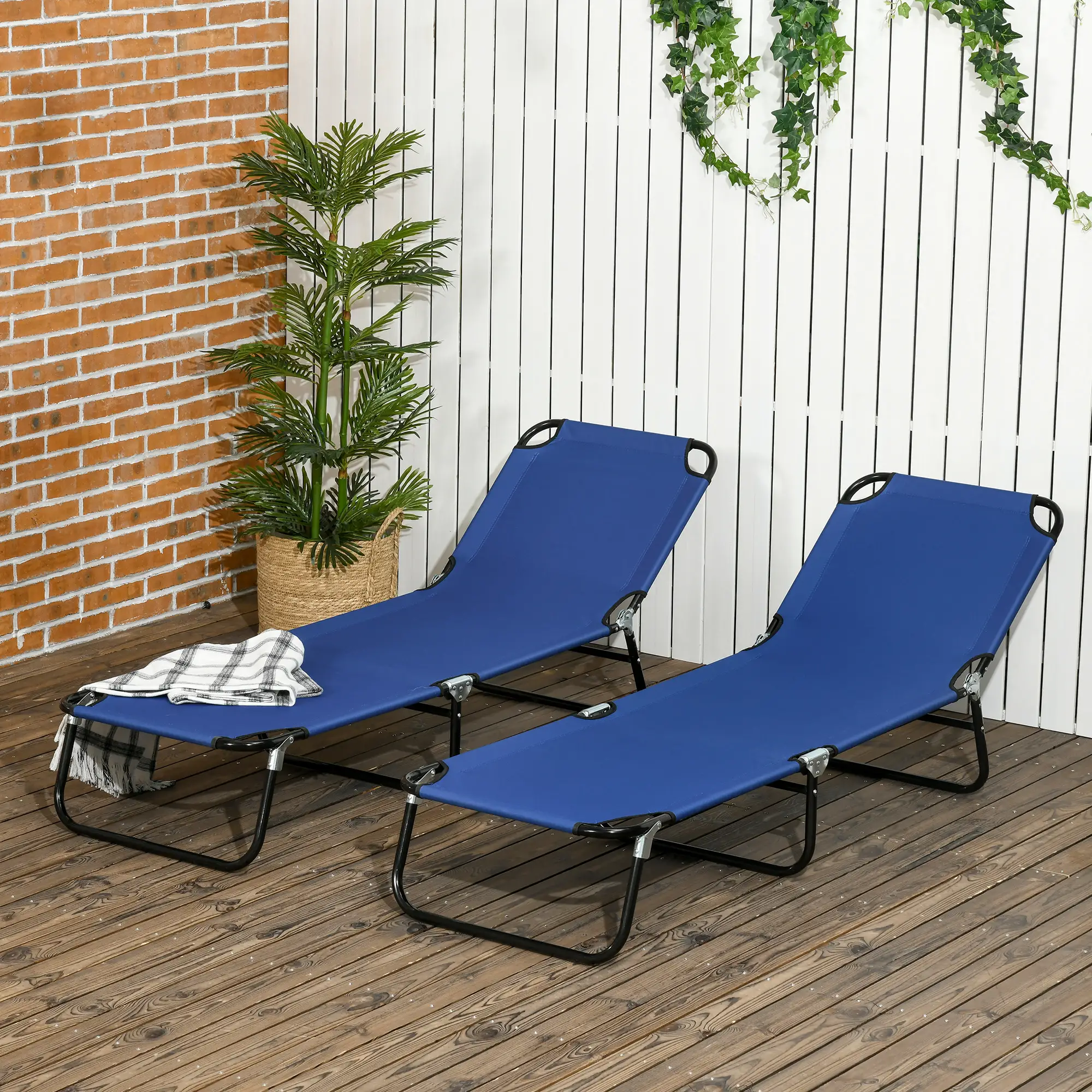 Set of 2 Folding Outdoor Lounge Chairs, Reclining Back, Breathable Mesh, Blue - Image 8