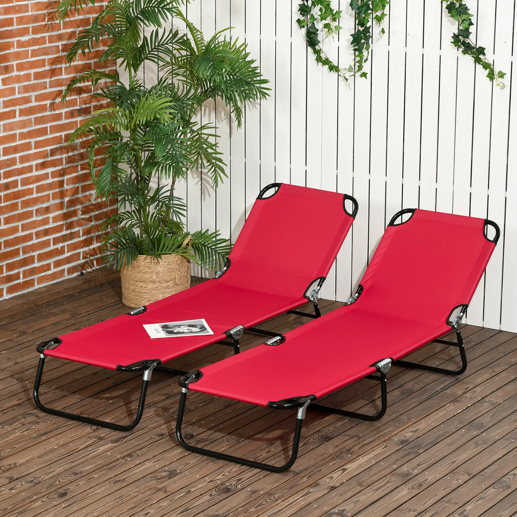 Set of 2 Folding Outdoor Lounge Chairs, Reclining Breathable Mesh, Red - Image 2