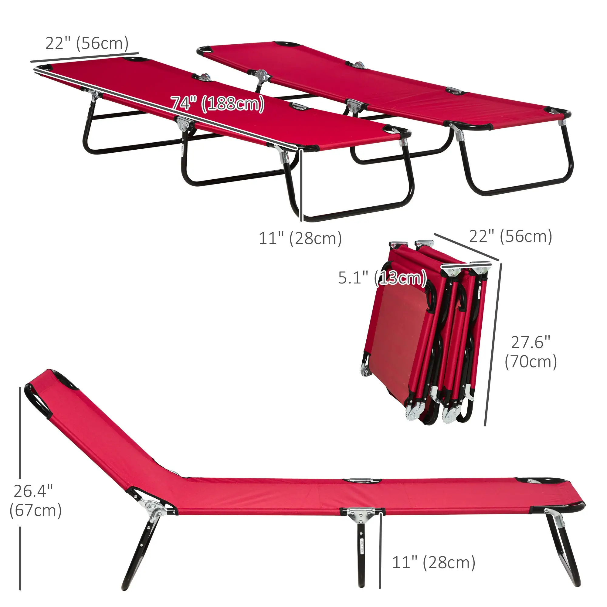 Set of 2 Folding Outdoor Lounge Chairs, Reclining Breathable Mesh, Red - Image 3