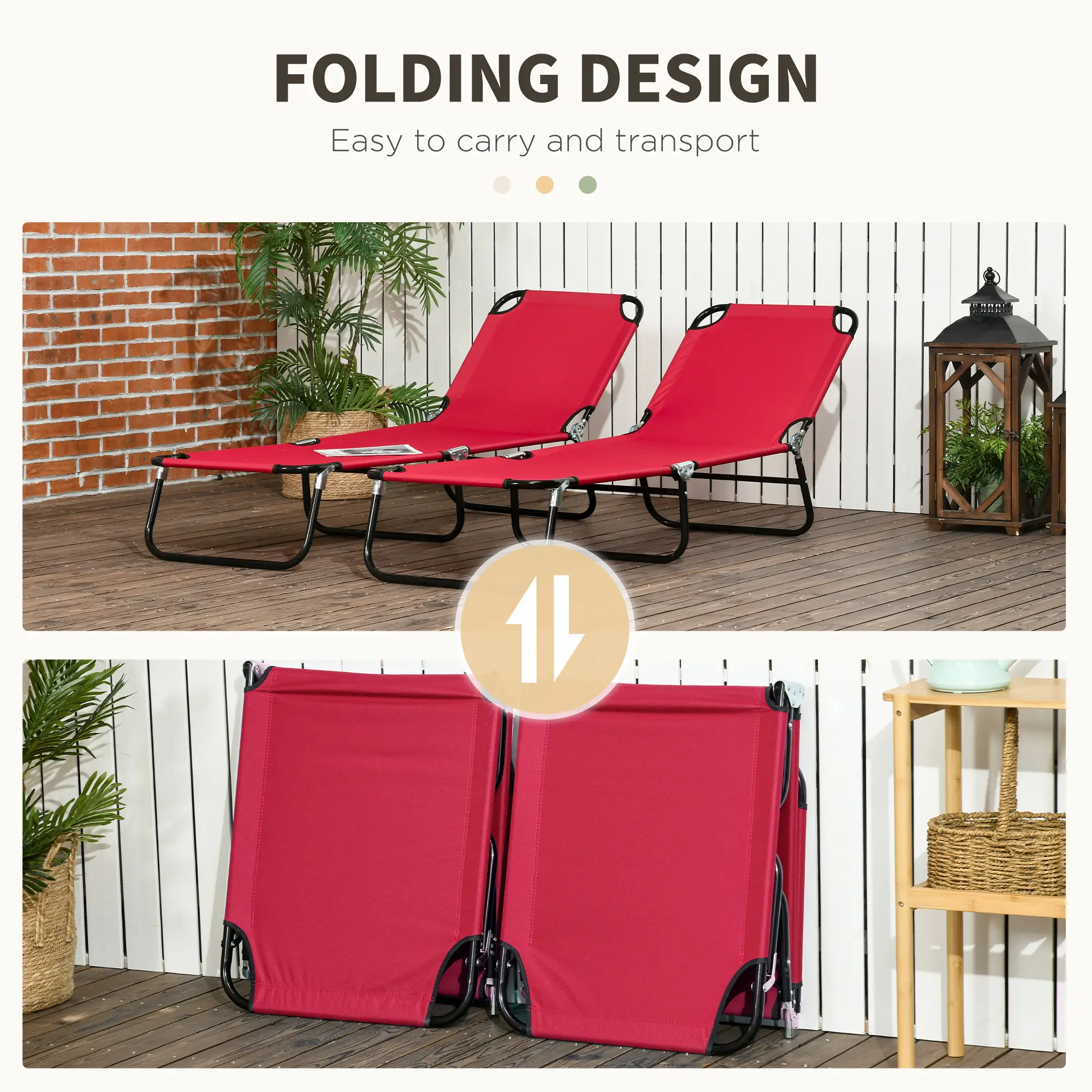 Set of 2 Folding Outdoor Lounge Chairs, Reclining Breathable Mesh, Red - Image 5