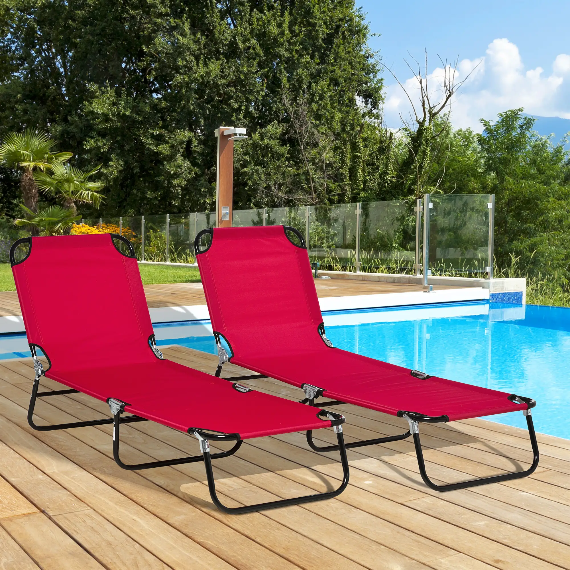 Set of 2 Folding Outdoor Lounge Chairs, Reclining Breathable Mesh, Red - Image 7