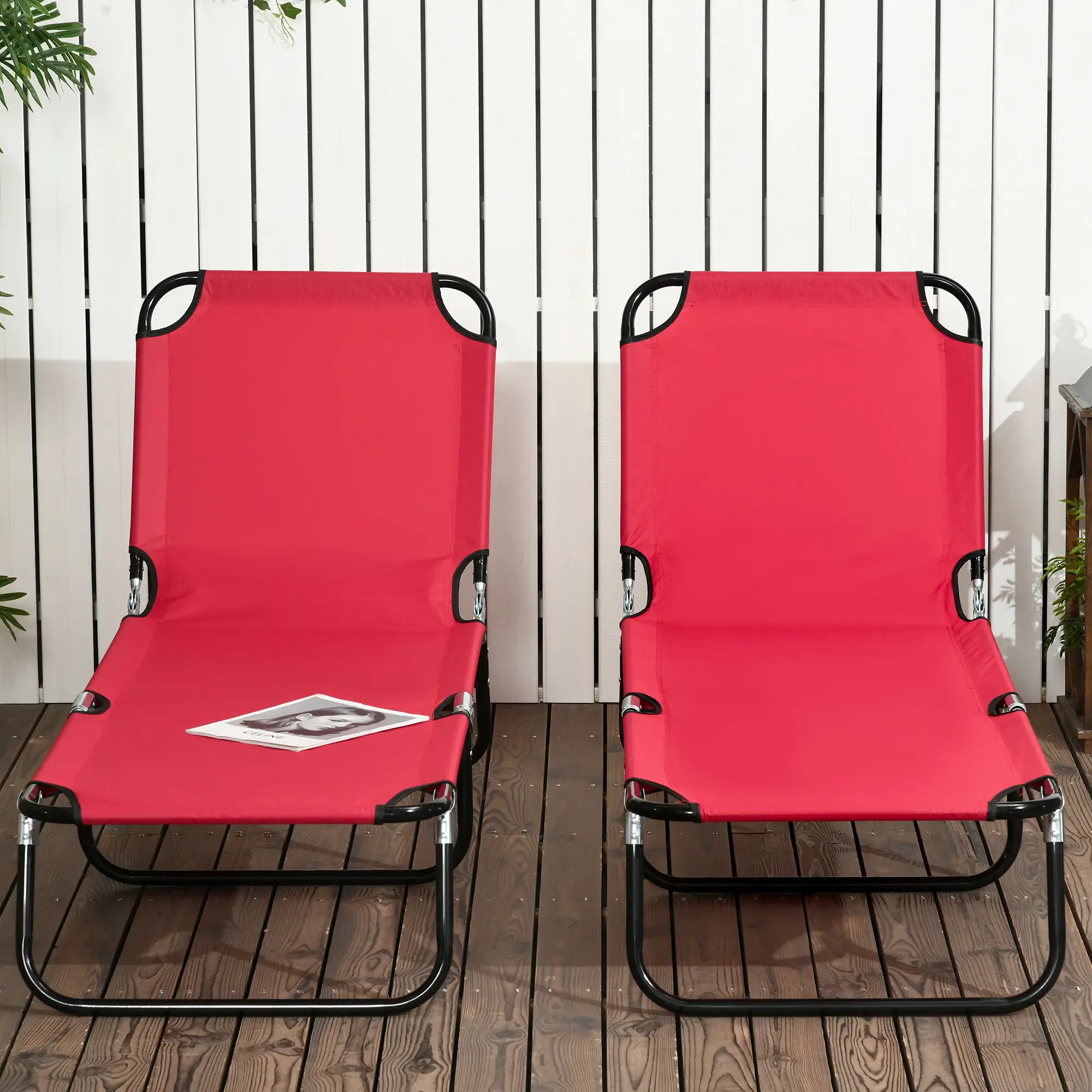 Set of 2 Folding Outdoor Lounge Chairs, Reclining Breathable Mesh, Red - Image 8