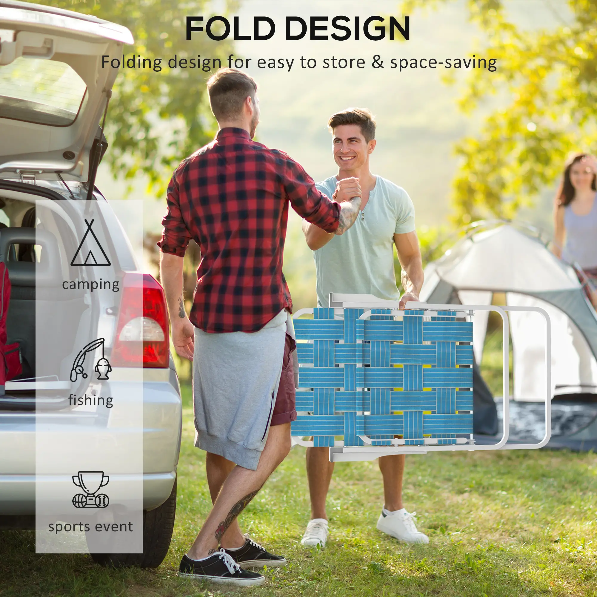 Set of 2 Folding Patio Chairs, Portable, Armrests, Camping, Garden, Blue - Image 5