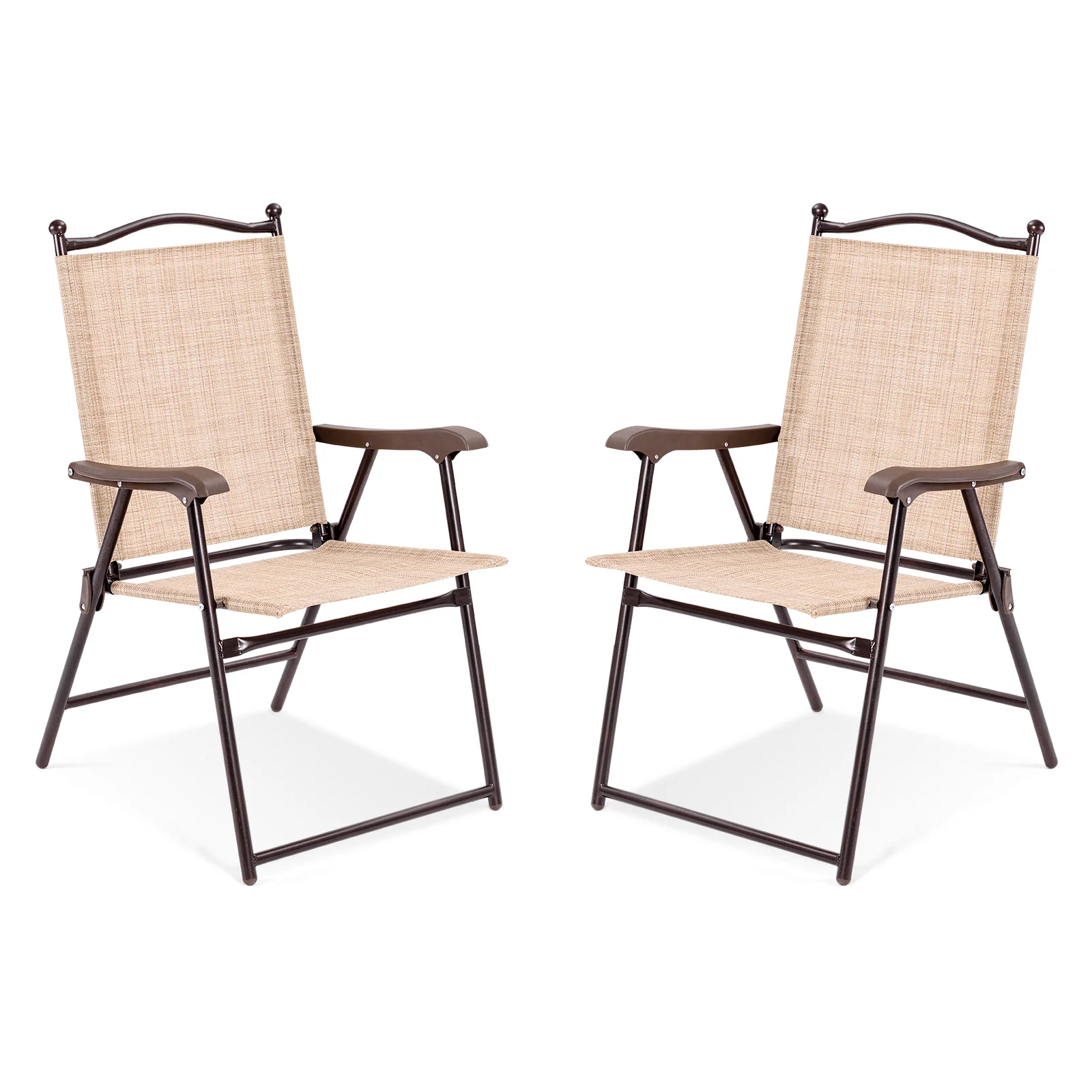 Set Of 2 Folding Sling Back Patio Camping Deck Chairs, Beige - Image 4