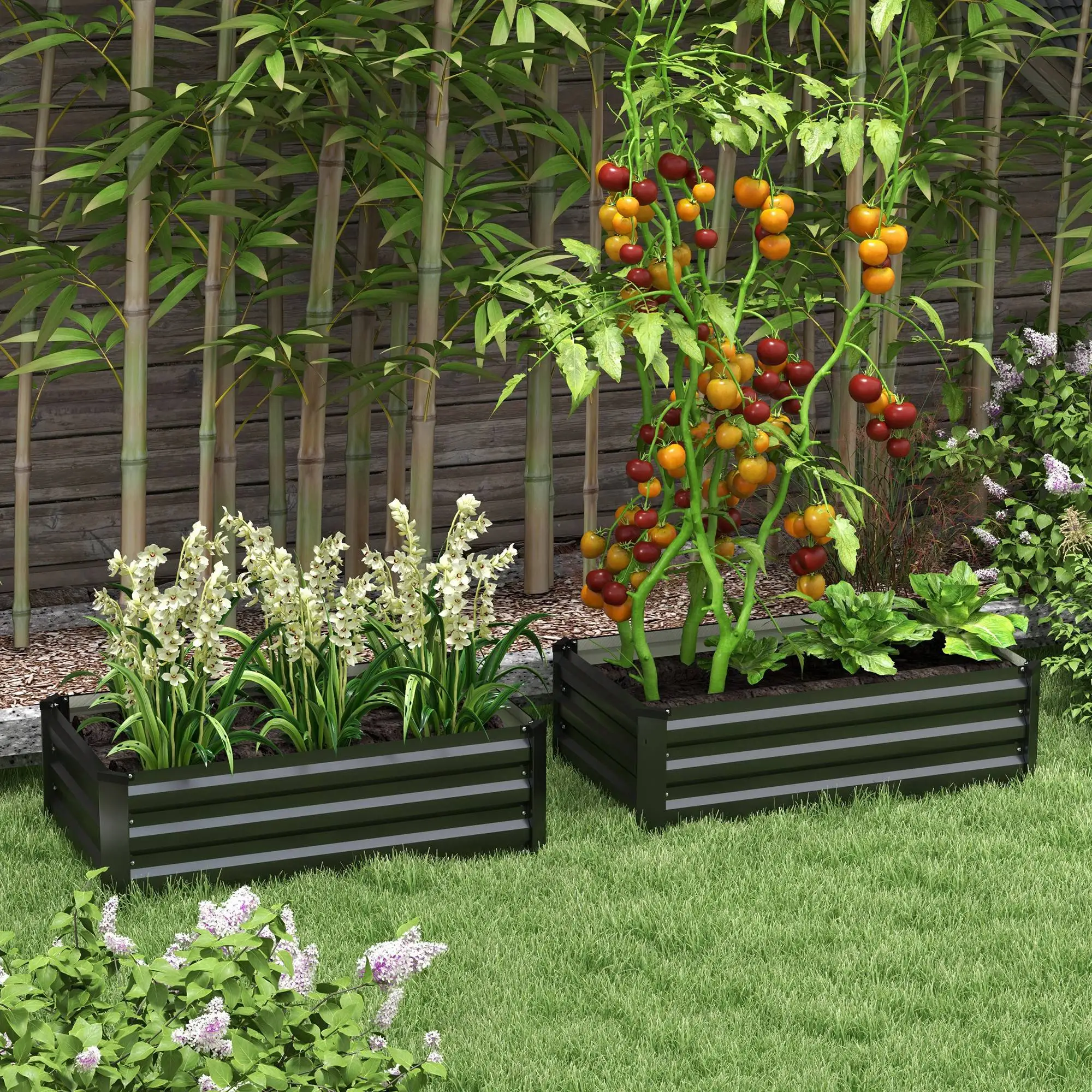 Set of 2 Galvanized Raised Garden Beds, Outdoor Planter Box, Grey - Image 2